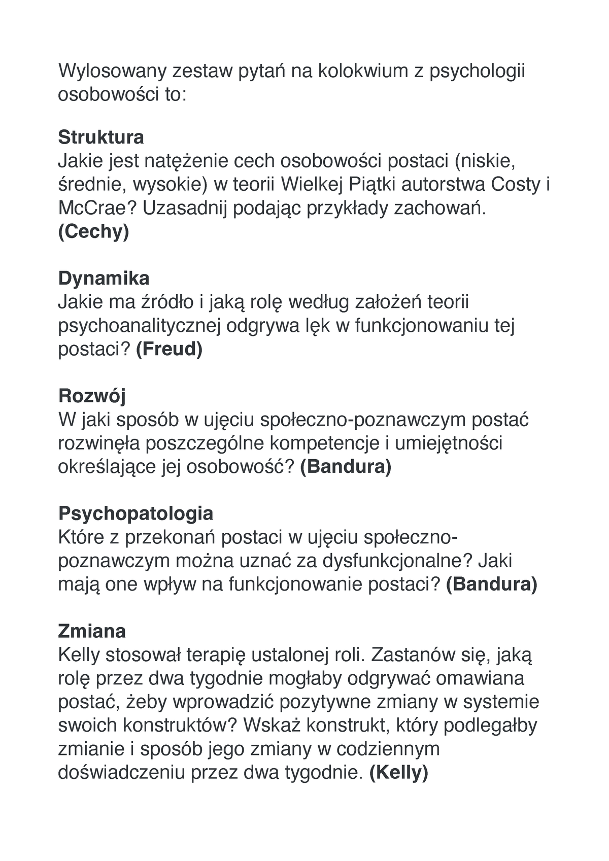 Pytania Kolokwium Psychologia Osobowości - Wylosowany Zestaw Pytań Na ...