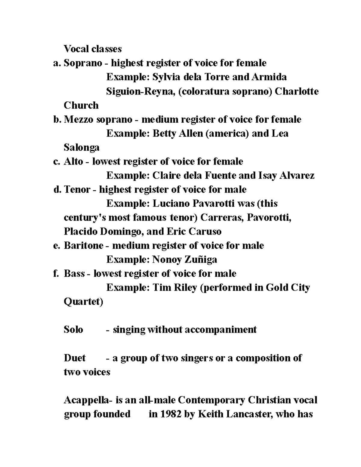 Vocal classes Lecture notes 4 Vocal classes a. Soprano highest