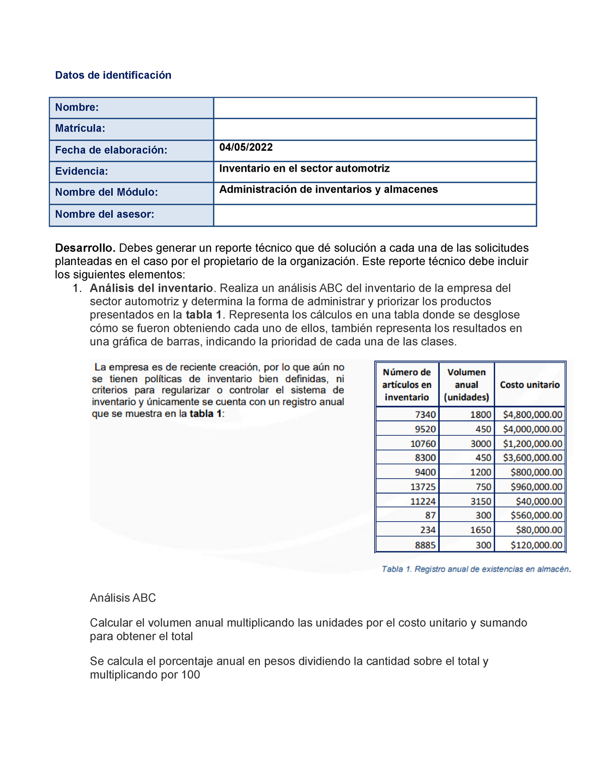 Ea2 Inventario En El Sector Automotriz Datos De Identificación Nombre Matrícula Fecha De 0853