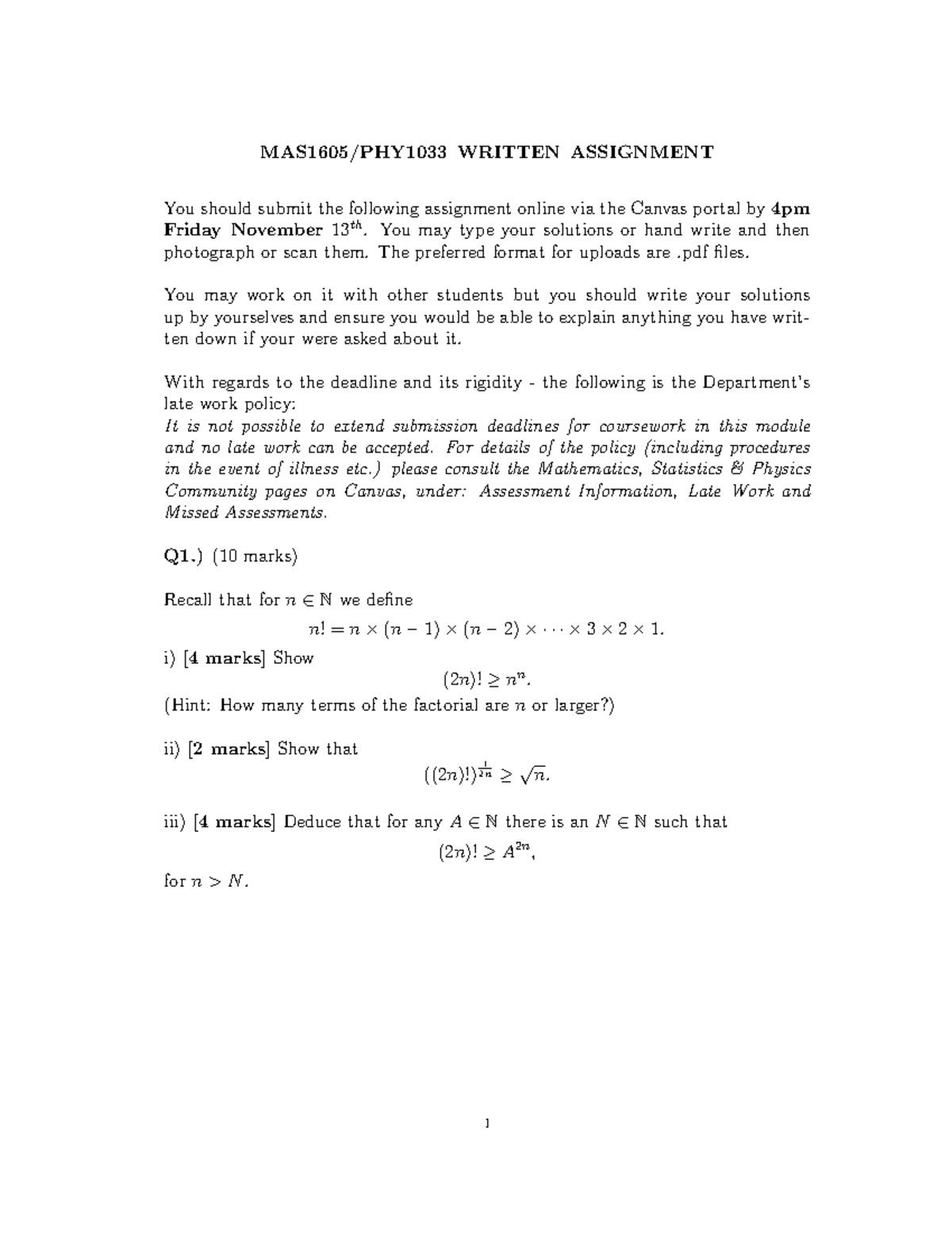 Assignment+1 - n/a - MAS1605/PHY1033 WRITTEN ASSIGNMENT You should ...