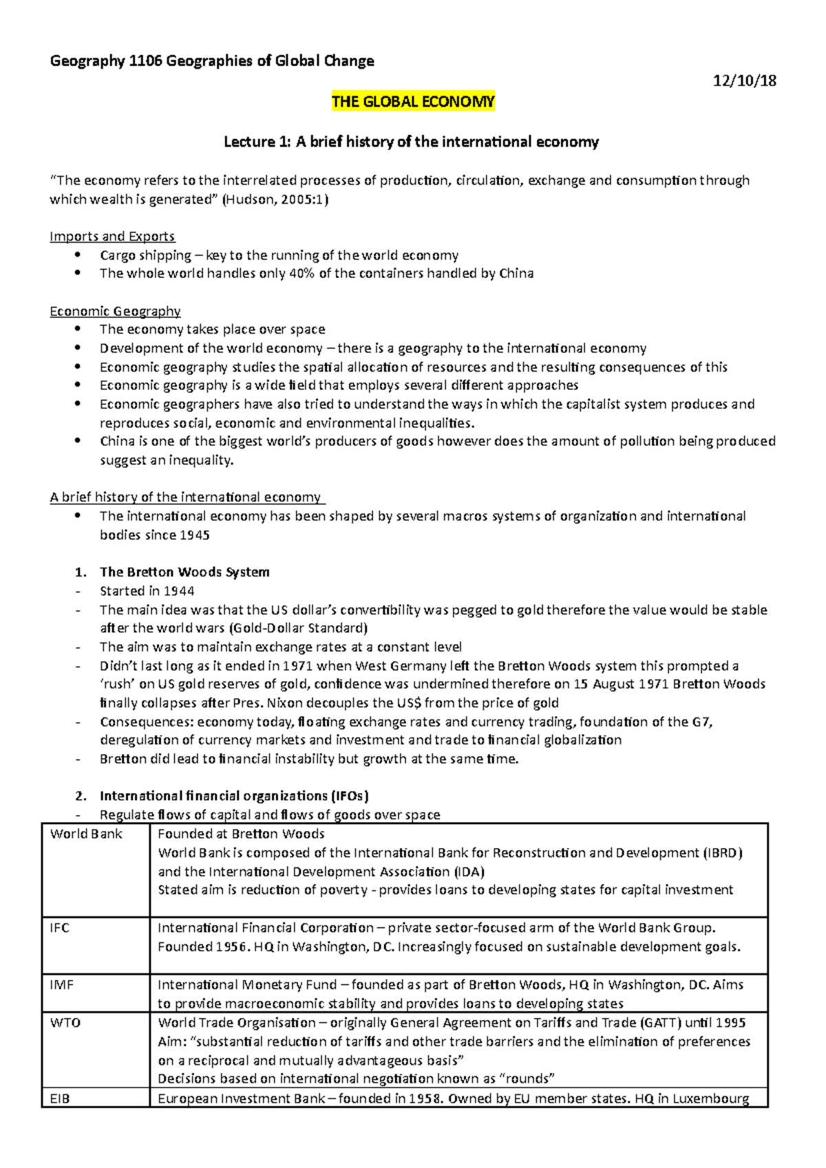 2. Lecture notes - Global Economy - Geography 1106 Geographies of ...