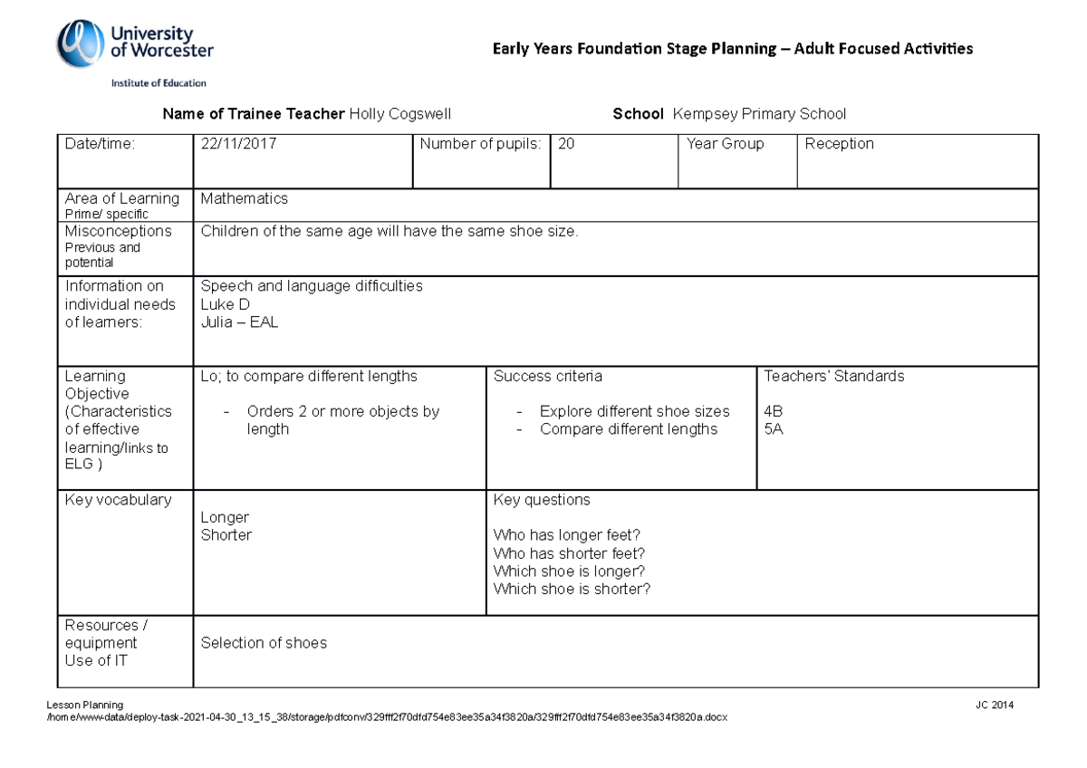 Lesson Plan EYFS Maths 22112017 Name of Trainee Teacher Holly