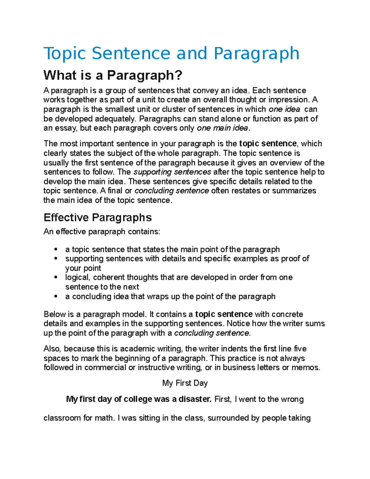 Topic Sentence and Paragraph - Each sentence works together as part of ...