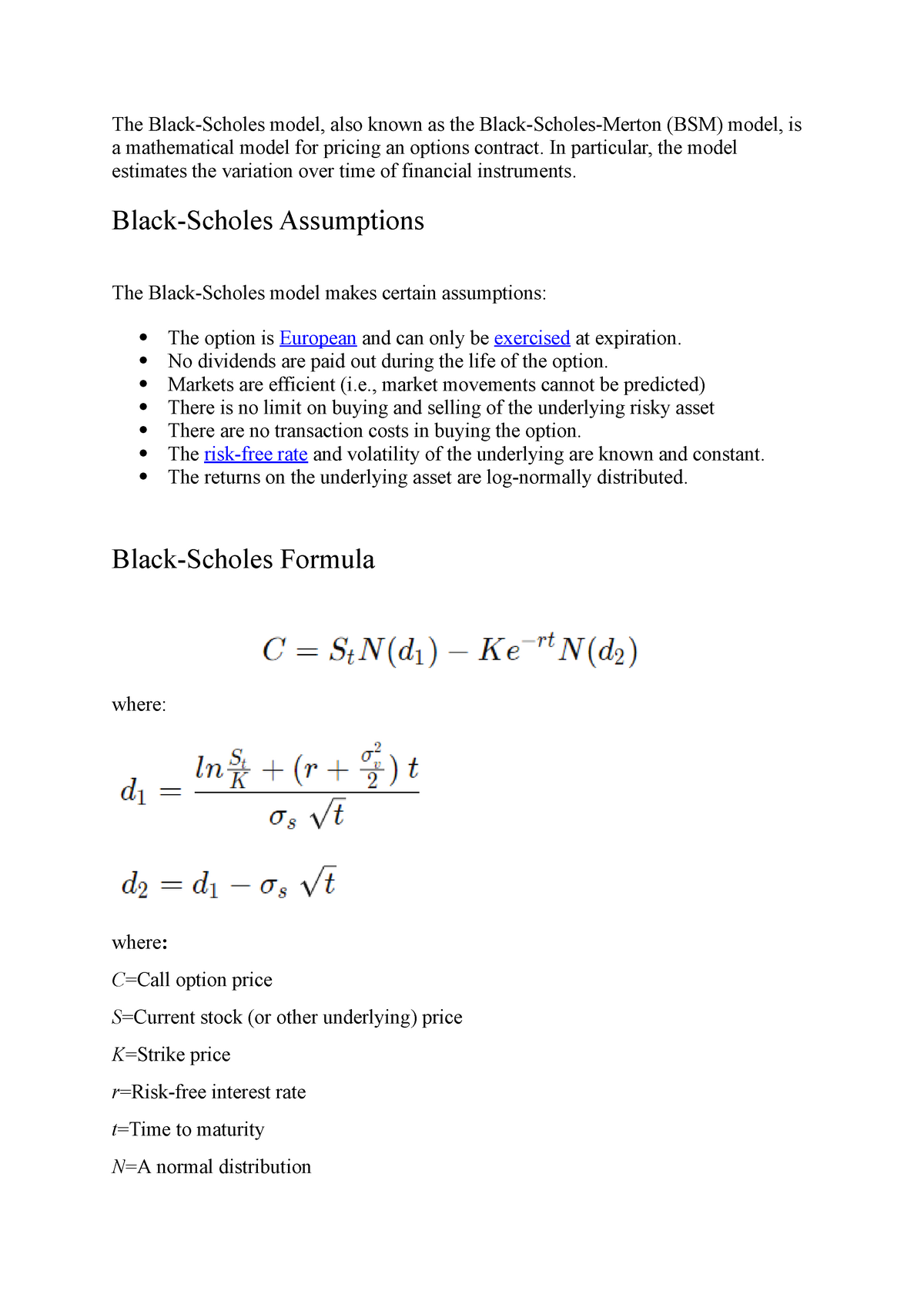 Black Scholes - Lecture Notes 1 - The Black-Scholes Model, Also Known ...