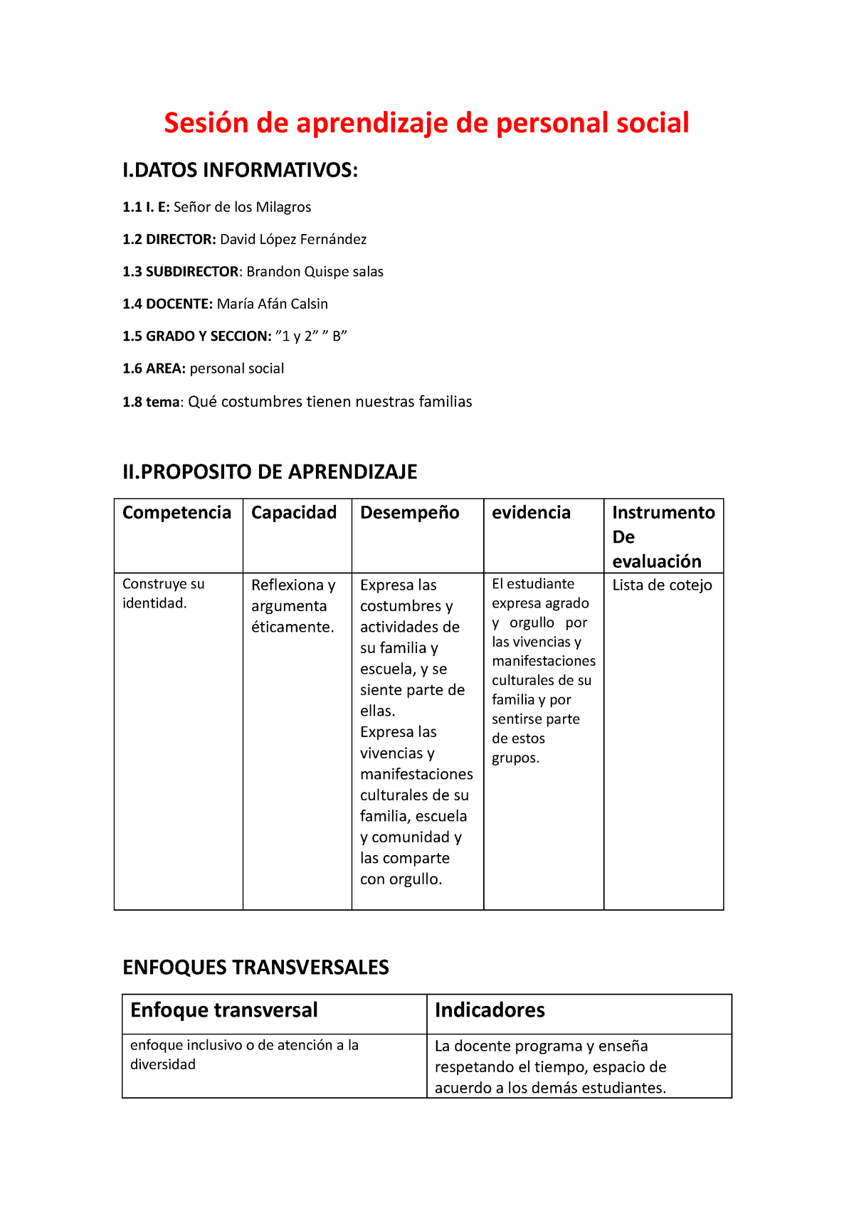 Sesión Personal Social - Sesión De Aprendizaje De Personal Social I ...