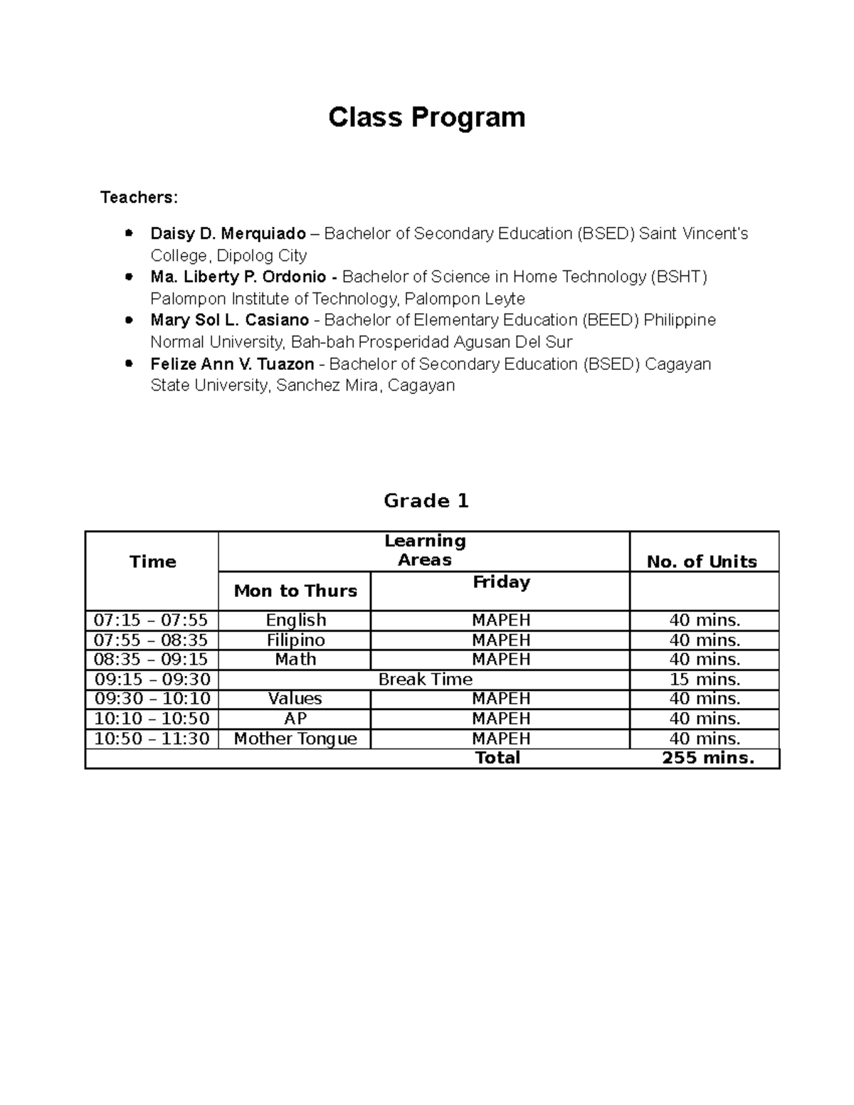 Class-Program - Grade 1 - Class Program Teachers: Daisy D. Merquiado ...