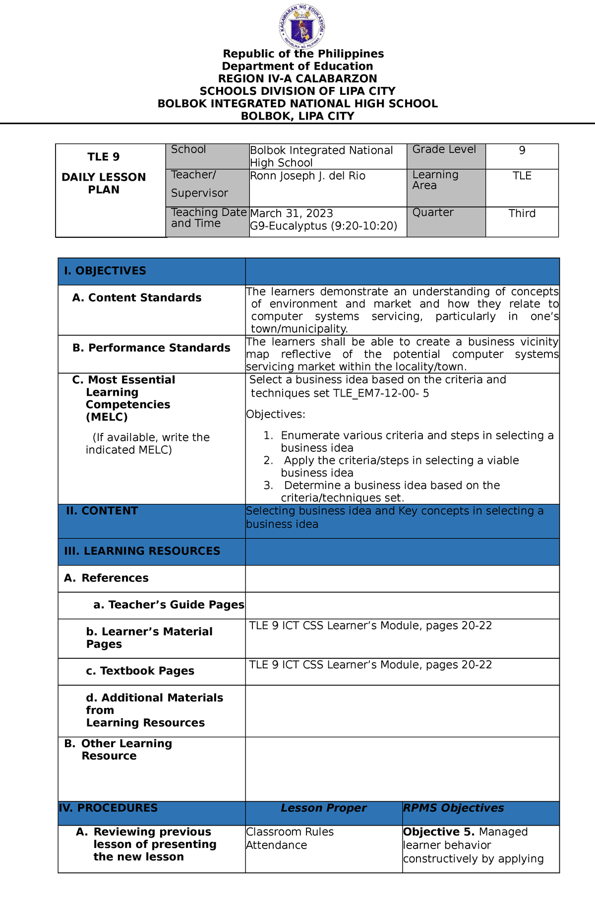 CO1 SY 22-23 - lesson exemplar - Republic of the Philippines Department ...