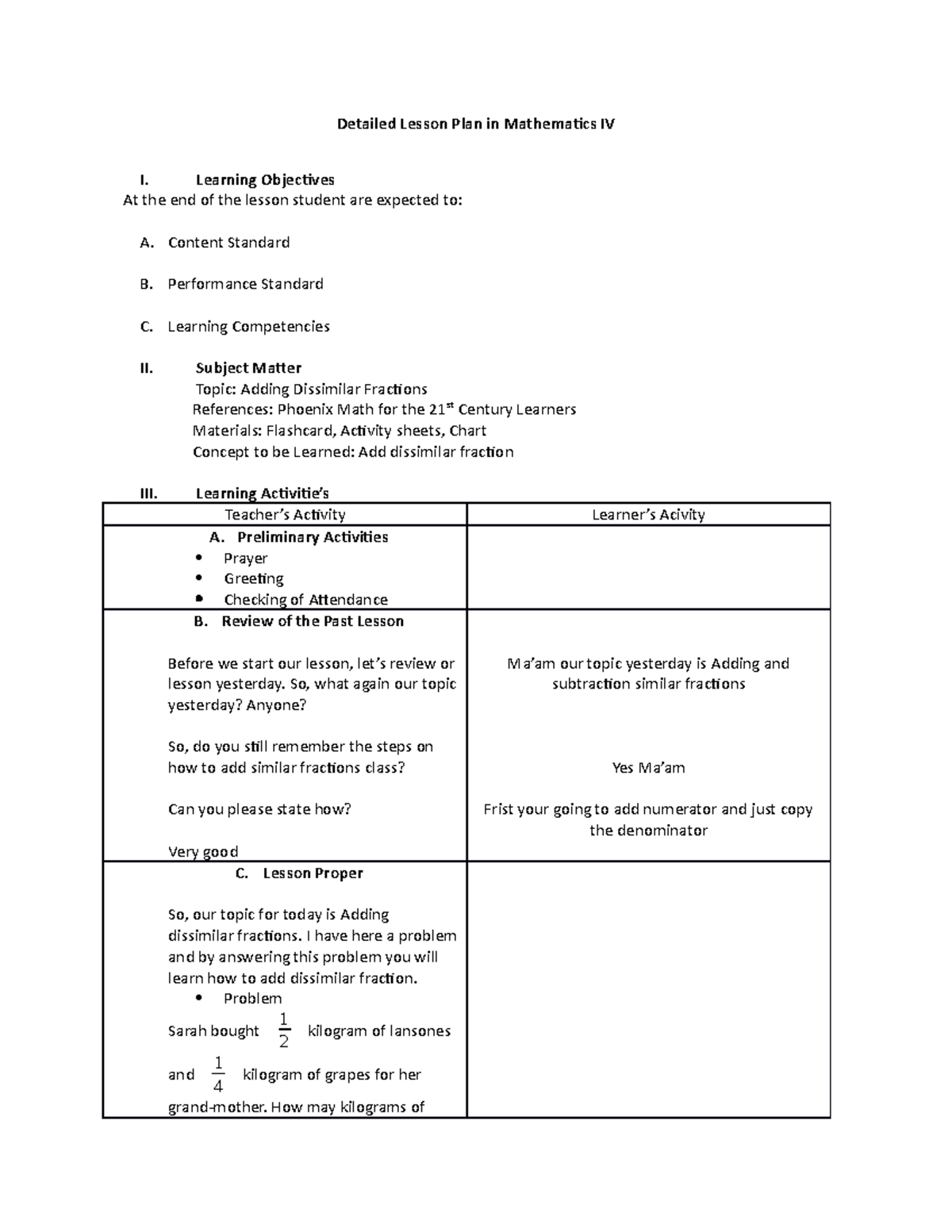  Grade 4 Math Lesson Plan Detailed DOC DETAILED LESSON PLAN IN 