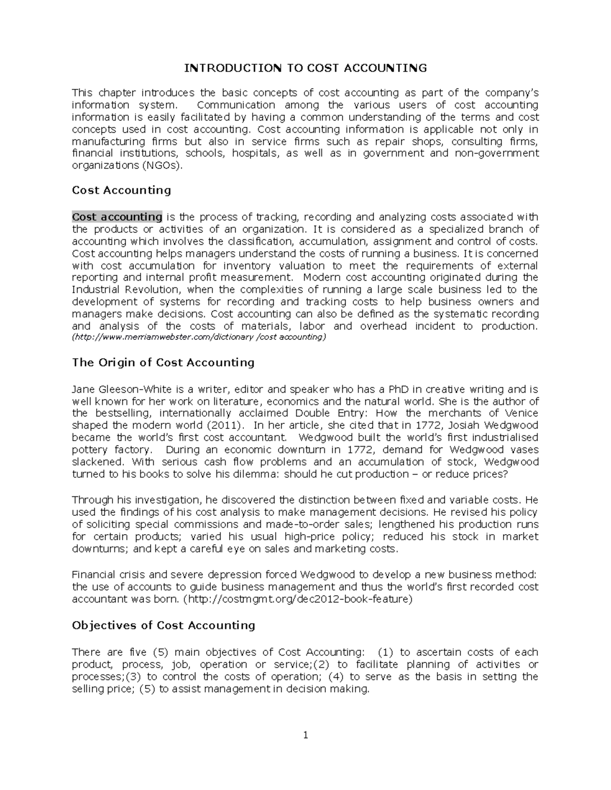 Chapter 1 2021- Lecture notes on Introduction to cost accounting ...