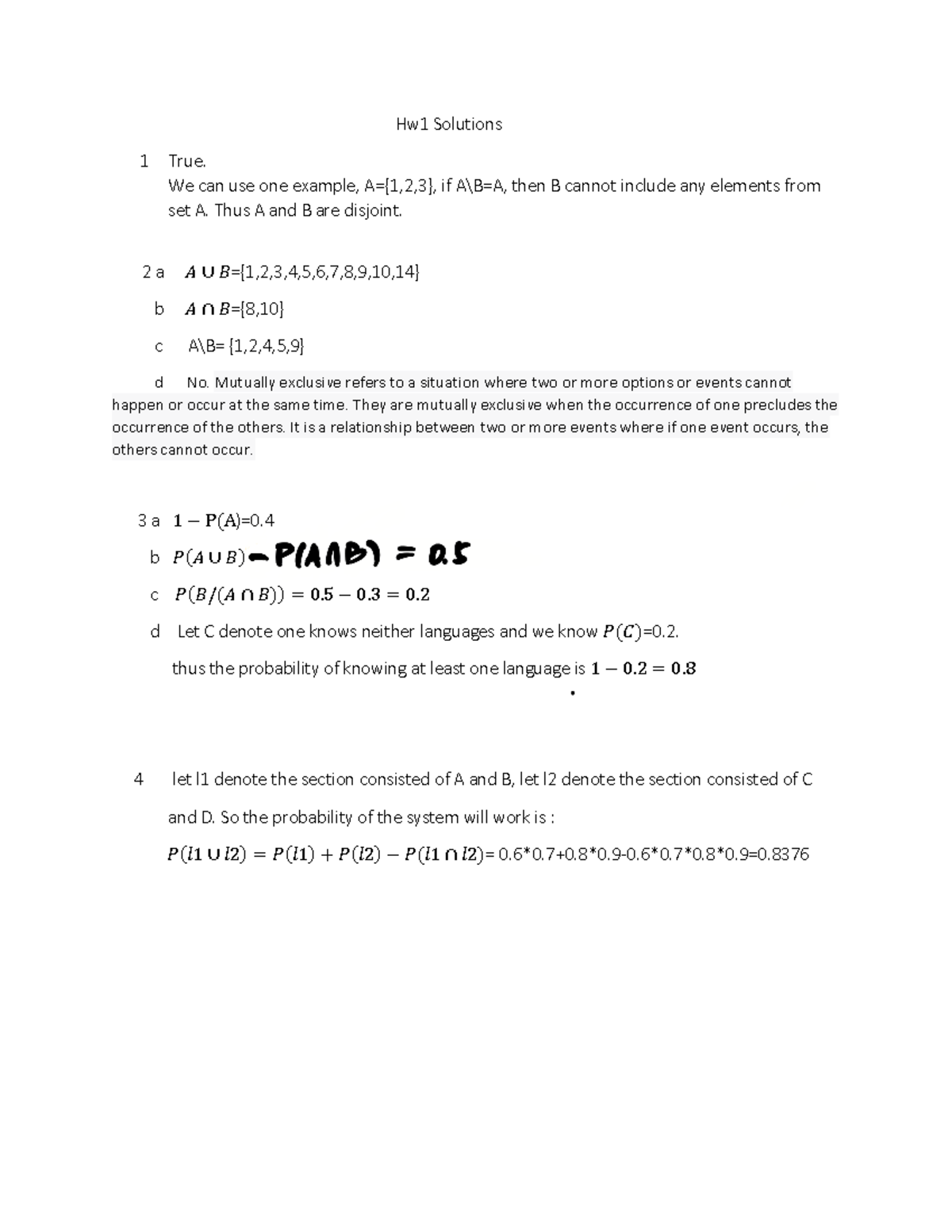 Homework 1 - Solution - Hw1 Solutions 1 True. We Can Use One Example, A ...