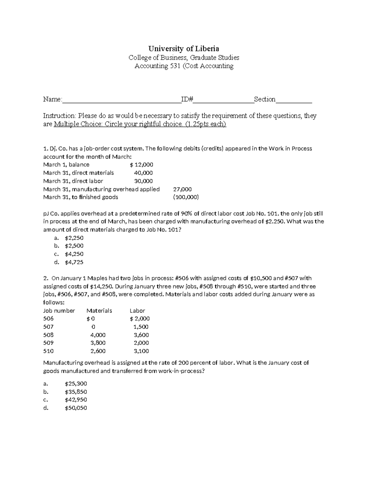 Cost Test (Autosaved)-1 - University of Liberia College of Business ...