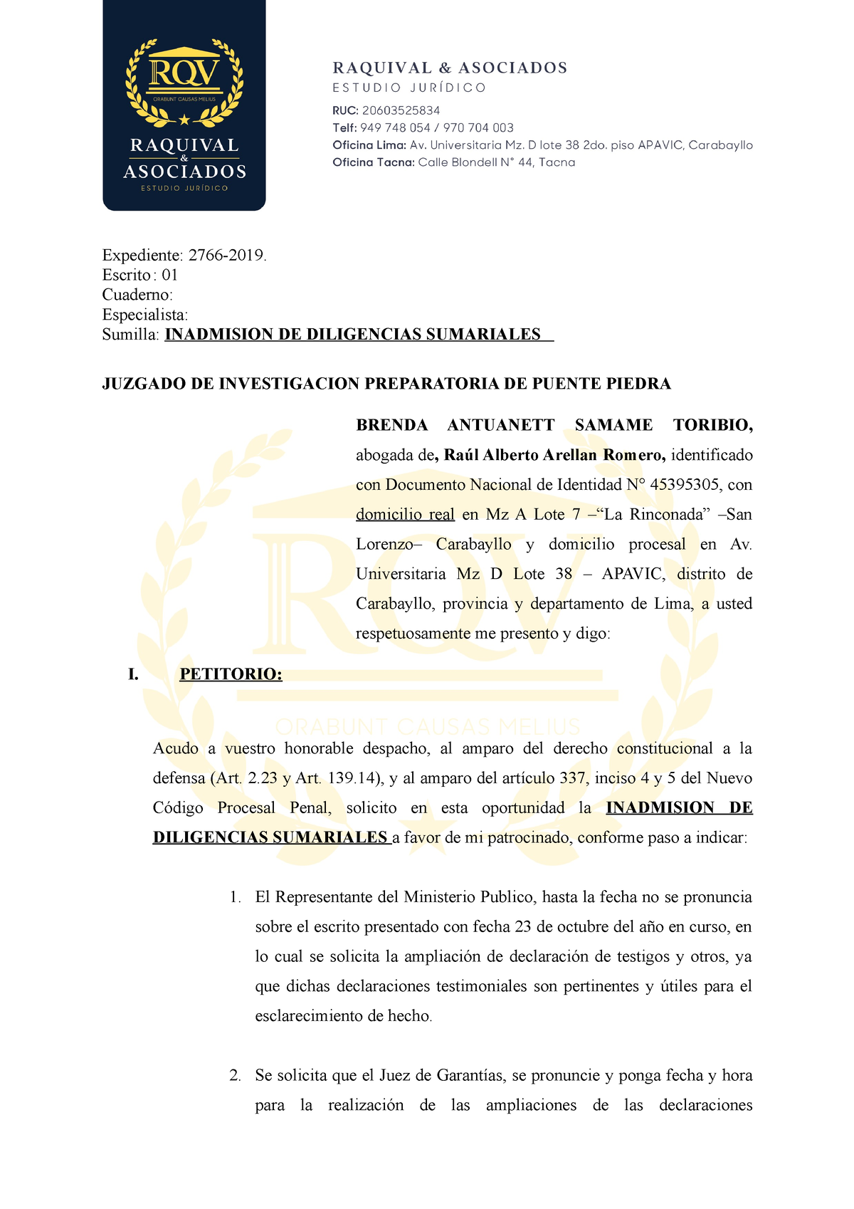 Escrito De Inadmision-de-Diligencias-Sumariales - Expediente: 2766-2019 ...