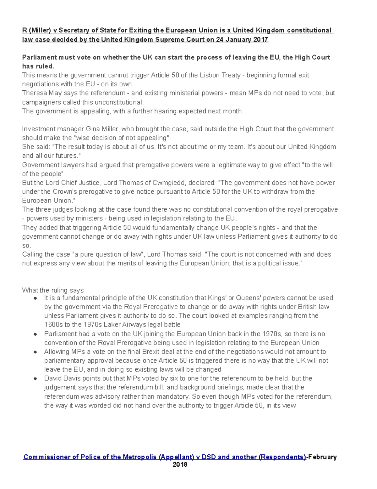 Week 1 Human r Ights case studies - R (Miller) v Secretary of State for ...