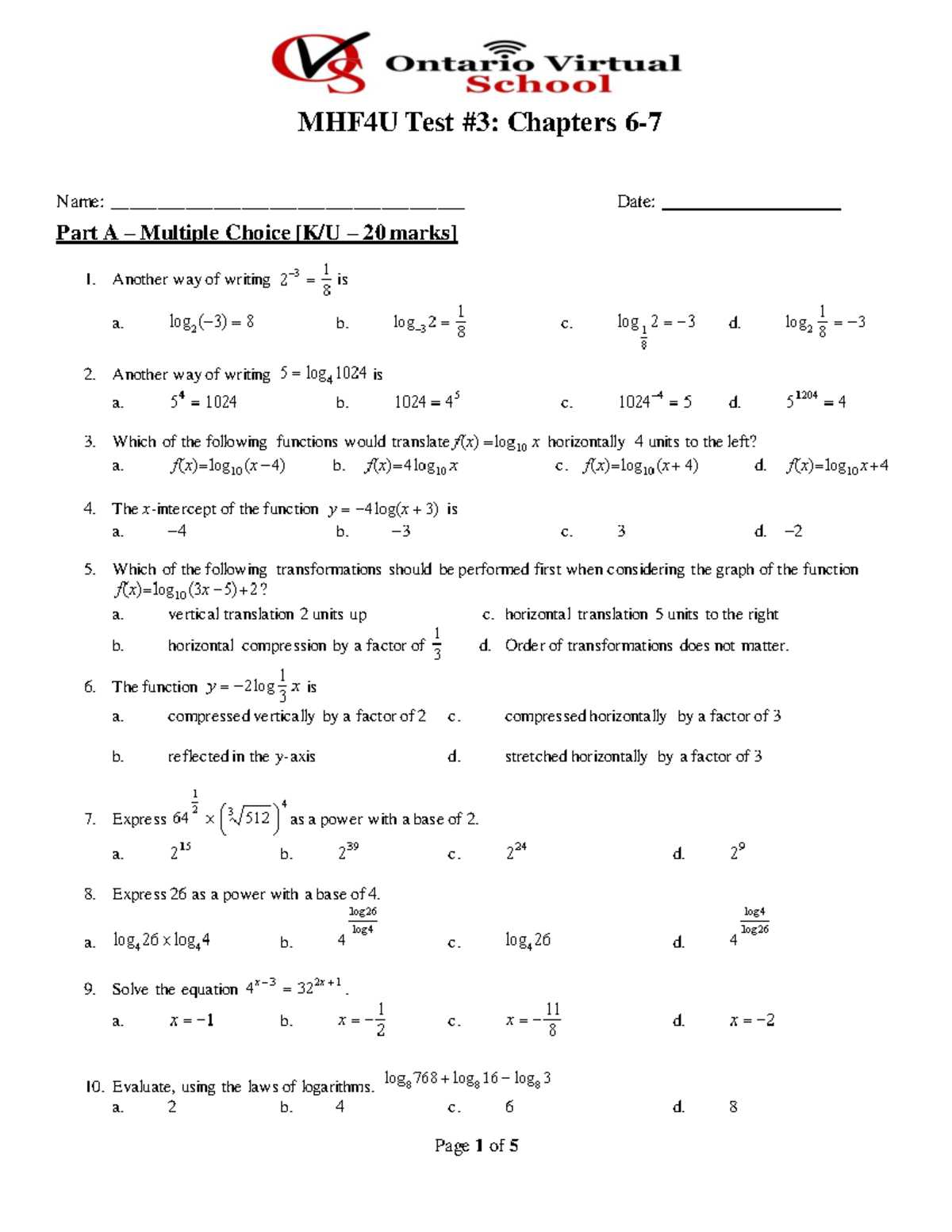 Unit 3 Practice Test - test de pratique. - MHF4U Test #3: Chapters 6- 7 ...