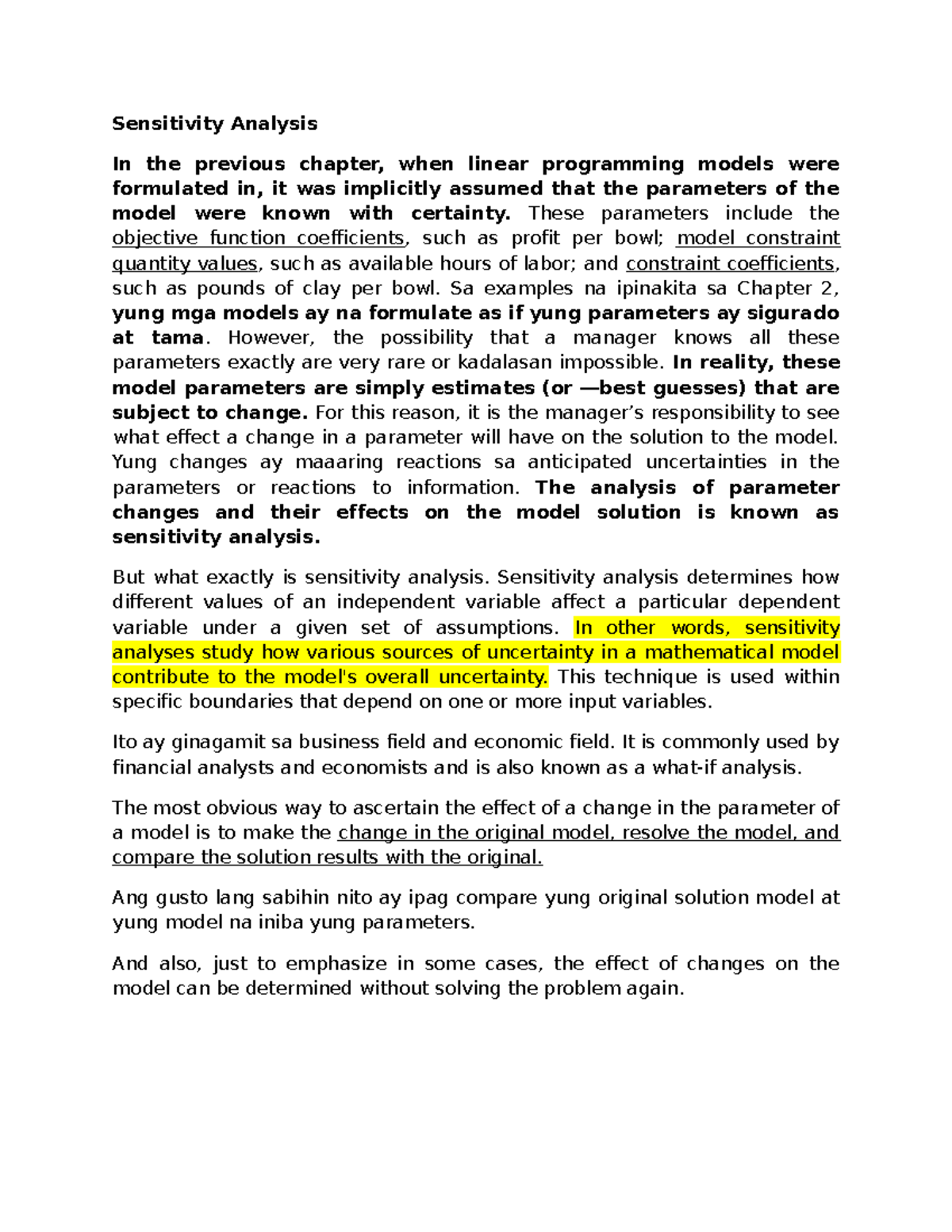 Sensitivity Analysis - Management Science - Sensitivity Analysis In the ...
