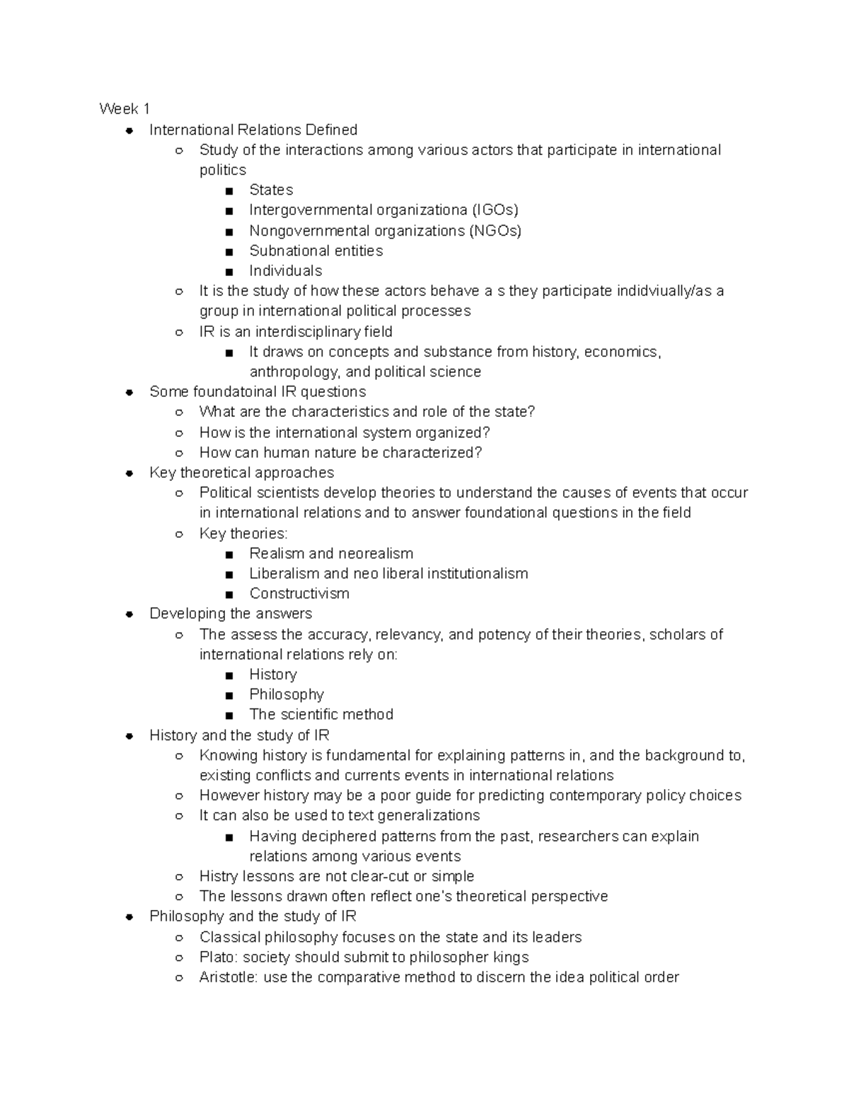 International Relations Notes - Week 1 International Relations Defined ...
