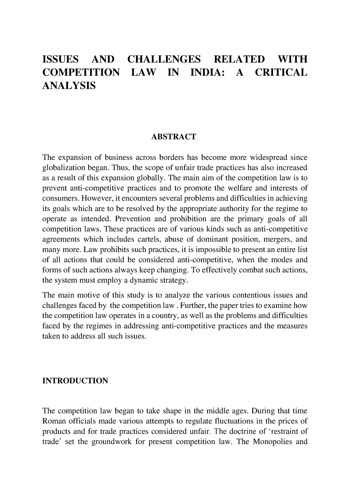 competition law research topics india