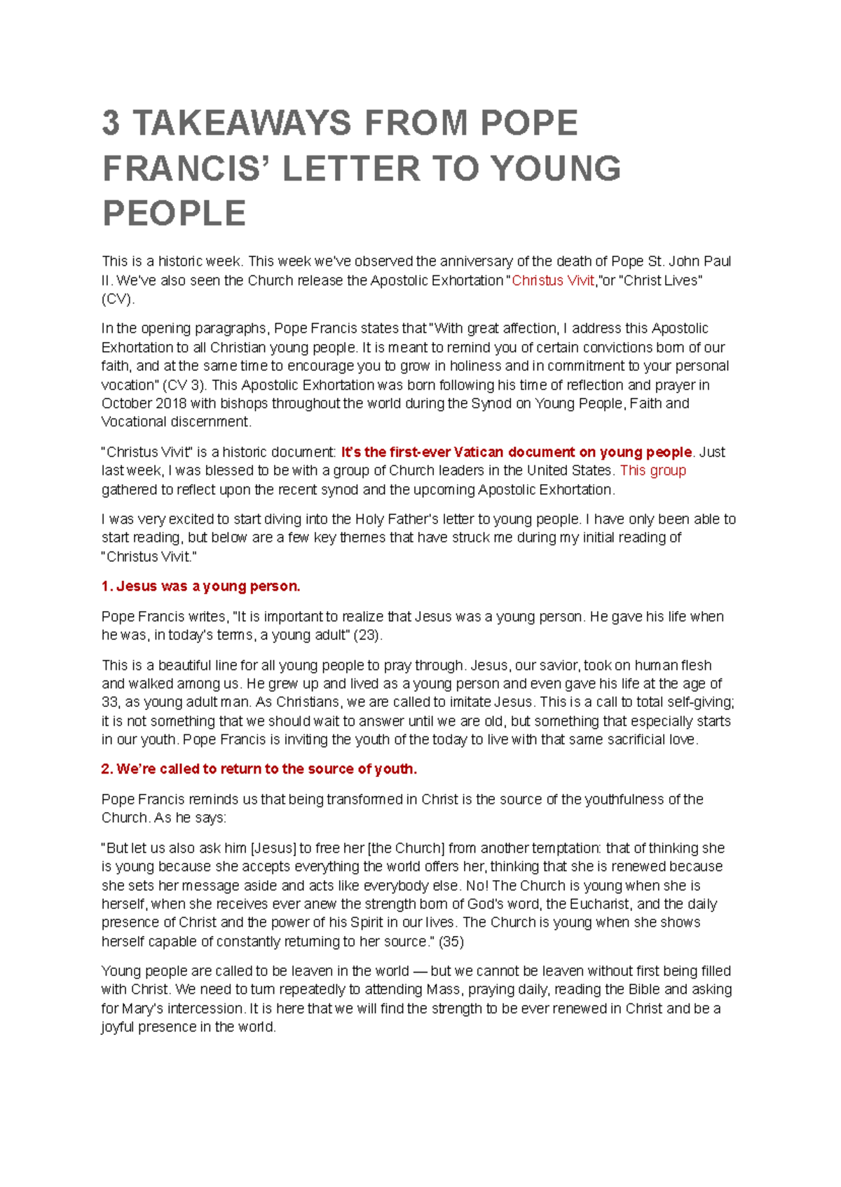3 Takeaways FROM POPE Francis’ Letter TO Young People - 3 TAKEAWAYS ...