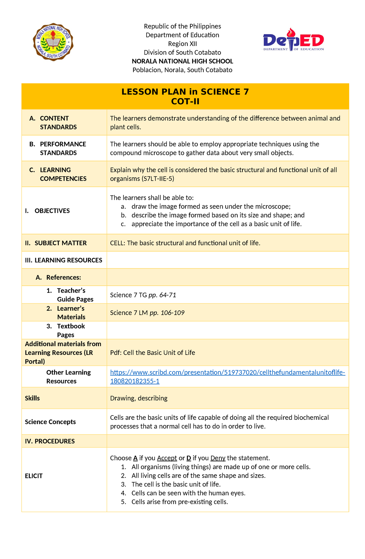 Cot Dlp S7q2 Gggggg Republic Of The Philippines Department Of Education Region Xii Division 2613