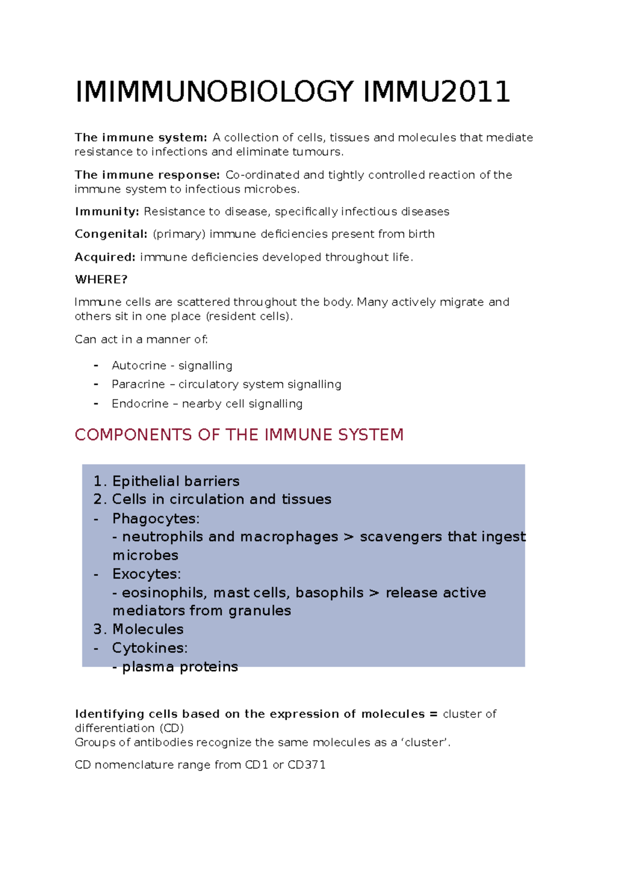 Immunobiology IMMU2011 FULL lecture notes - IMIMMUNOBIOLOGY IMMU The ...