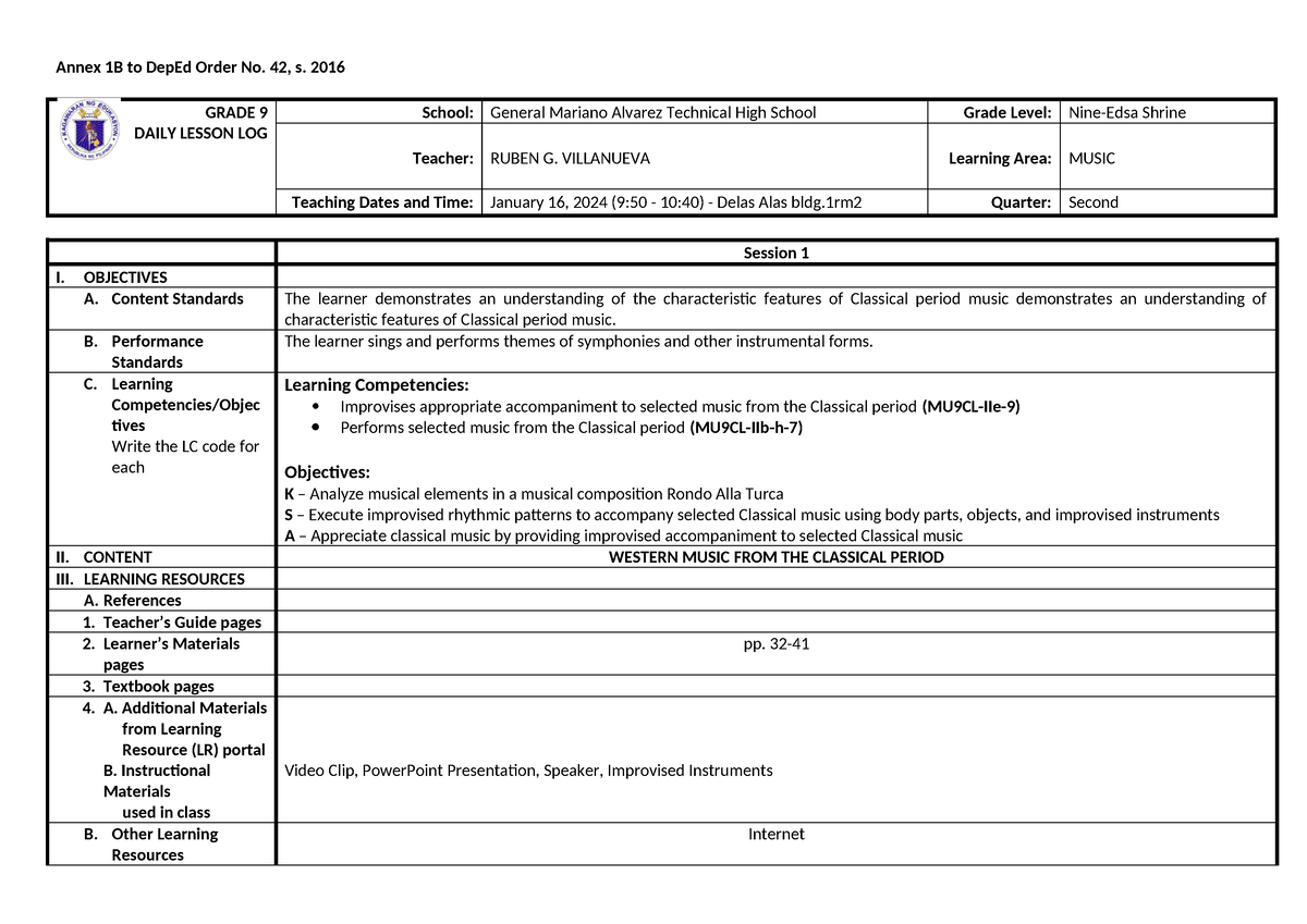 DLL Music Q2W5 - DLL FOR MAPEH TEACHERS - Annex 1B to DepEd Order No ...