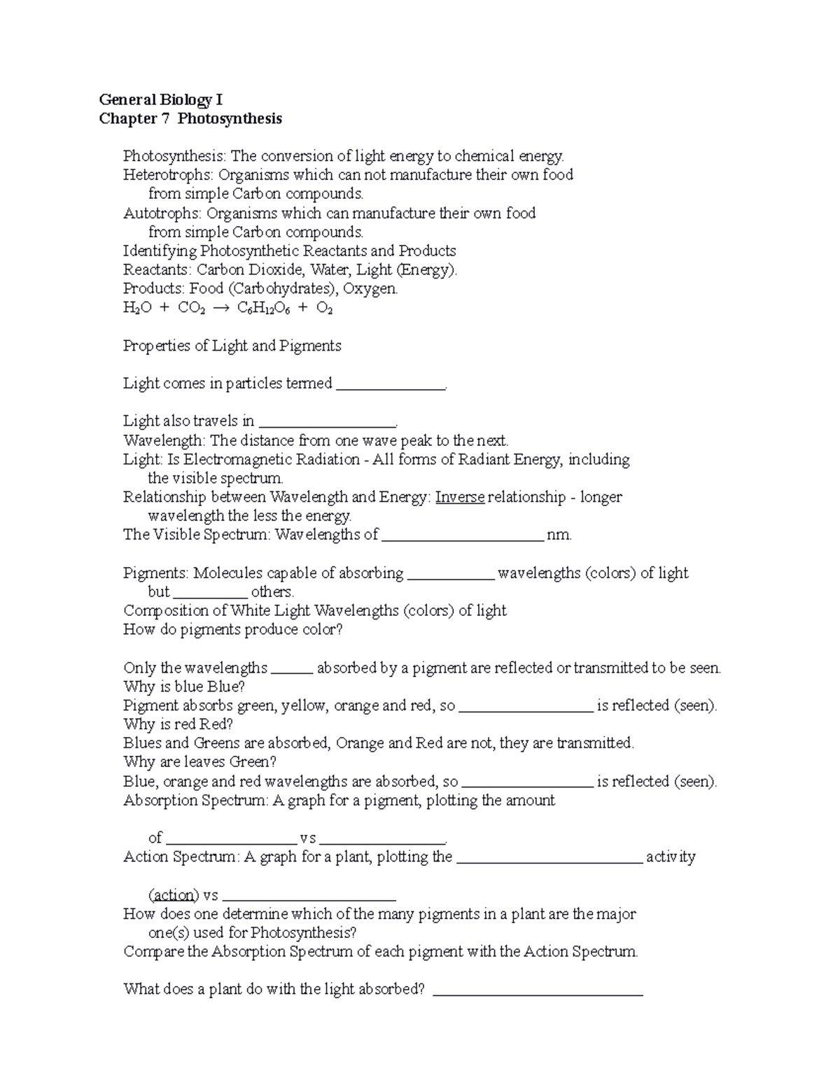 Chapter 7 Notes - General Biology I Chapter 7 Photosynthesis ...