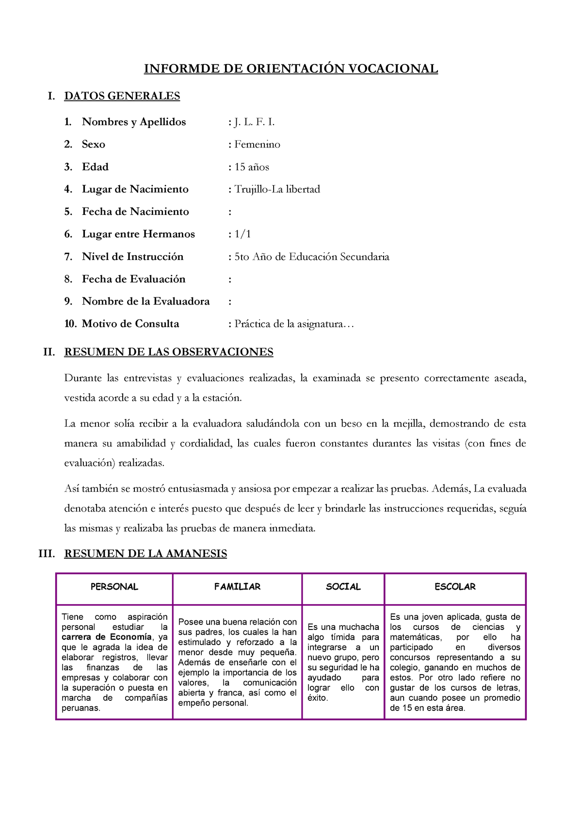 Informe De Orientación Vocacional Informde De OrientaciÓn Vocacional I Datos Generales 1 6735