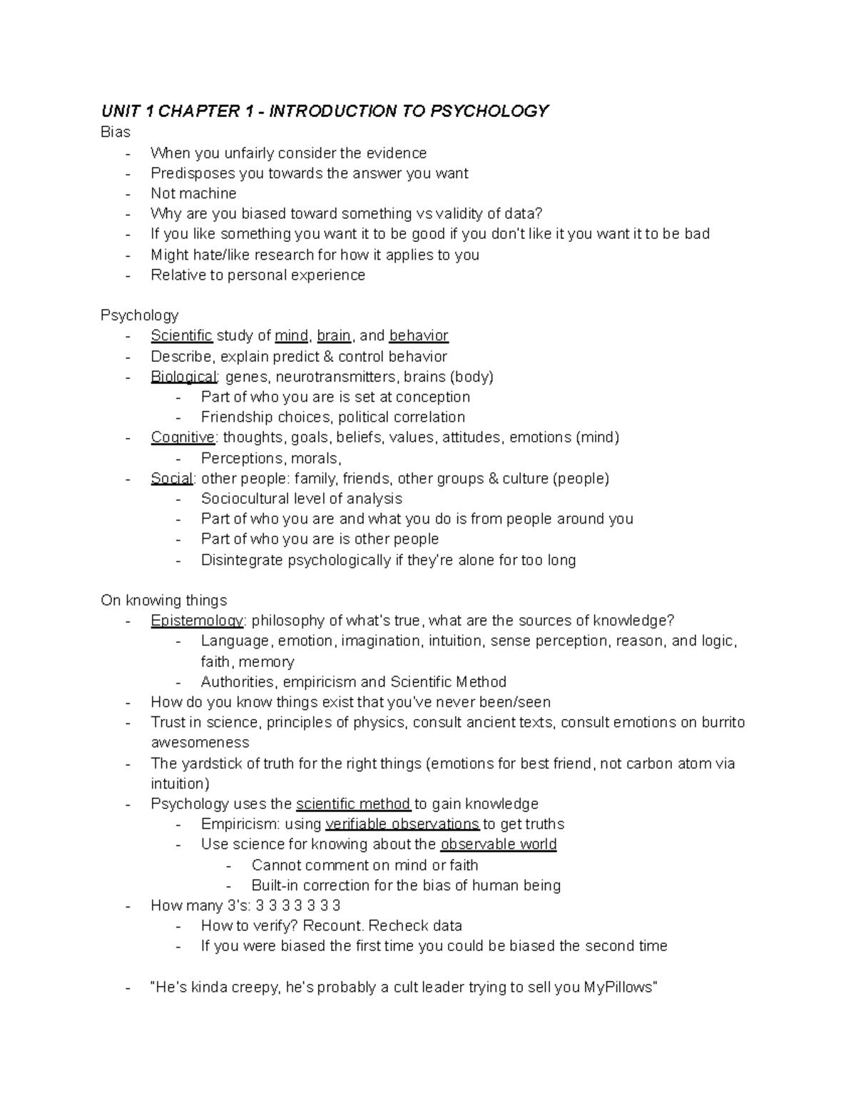 IB Psych 1 Notes - PSY201A - UNIT 1 CHAPTER 1 - INTRODUCTION TO ...