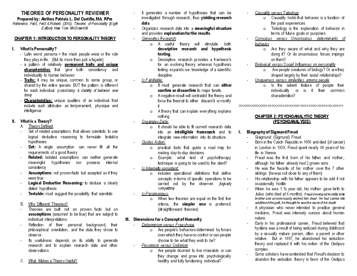 Lecture notes for Theories of Personality - THEORIES OF PERSONALITY ...