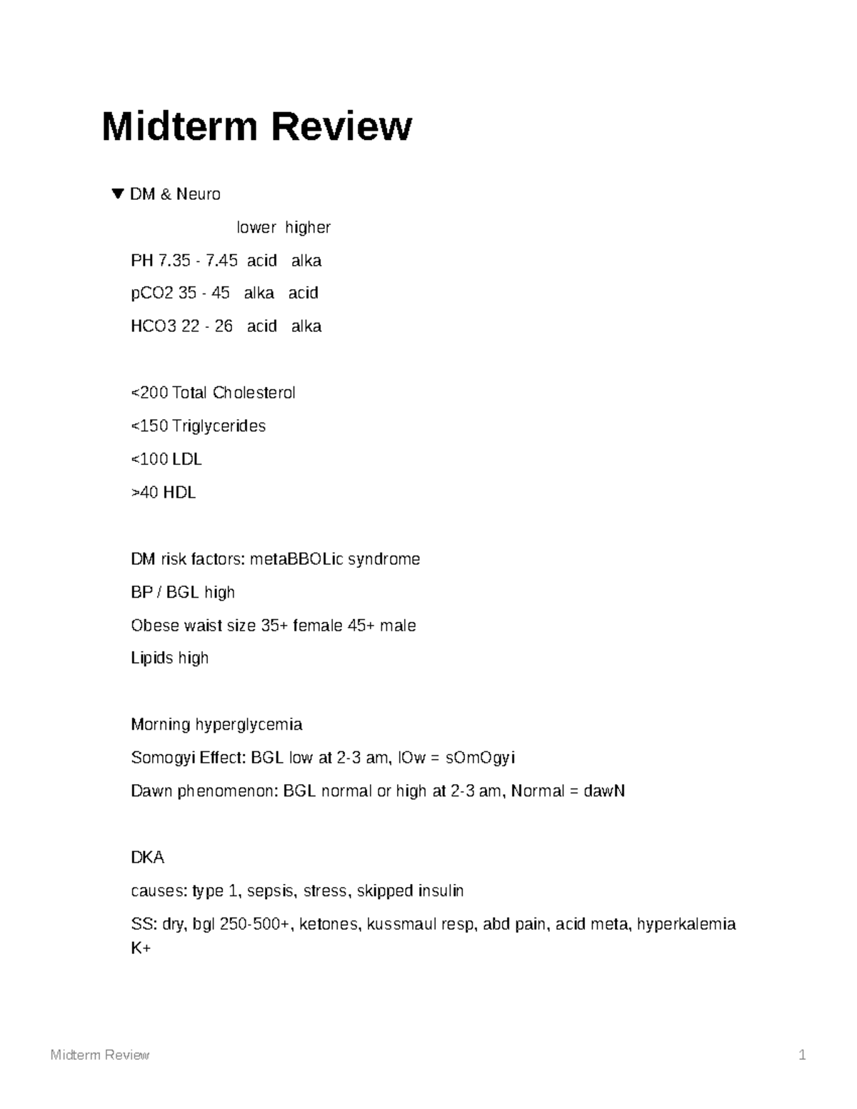 Midterm-Review - Med surge midterm review - Midterm Review DM & Neuro ...