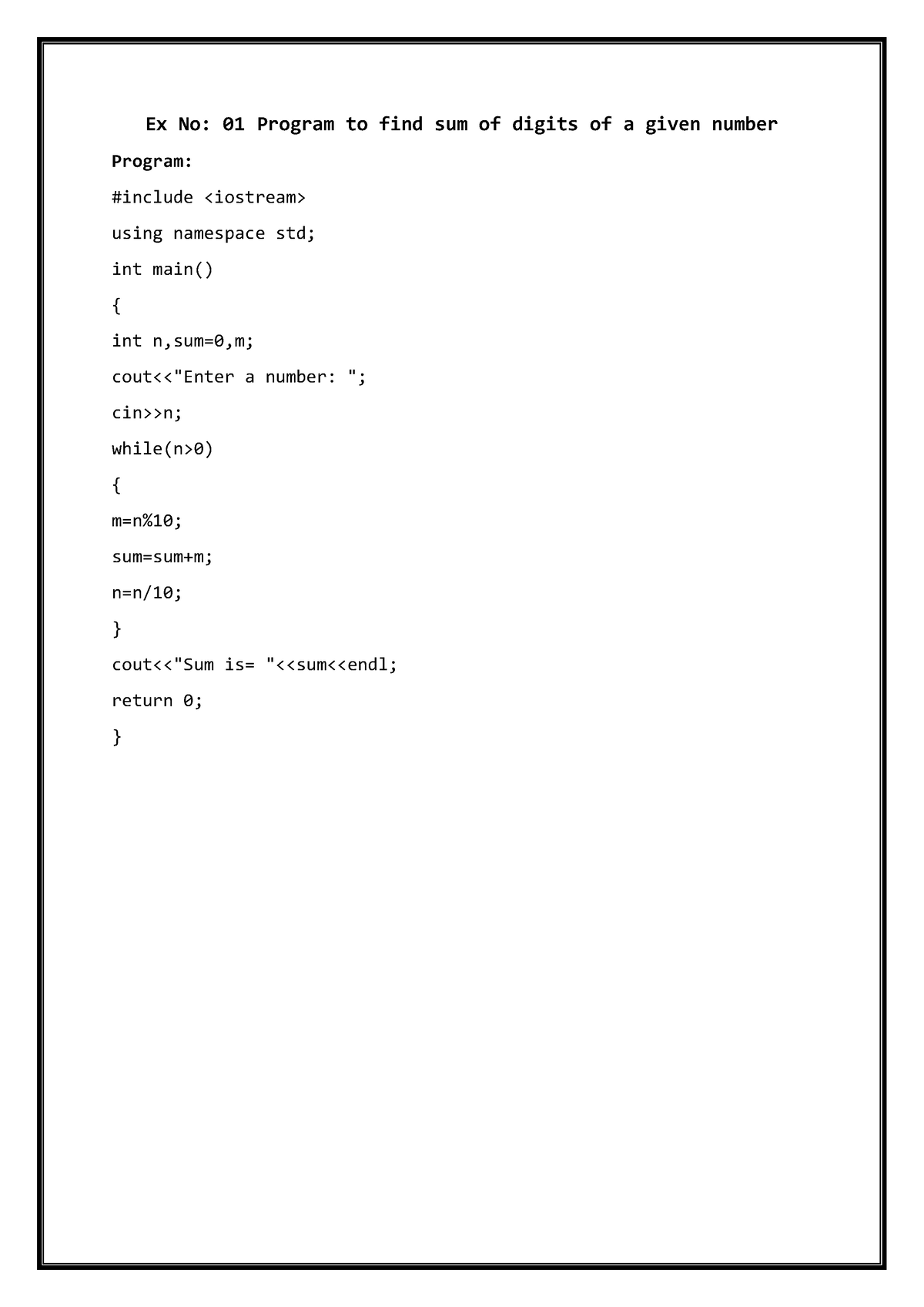 c-lab-manual-with-output-ex-no-01-program-to-find-sum-of-digits-of