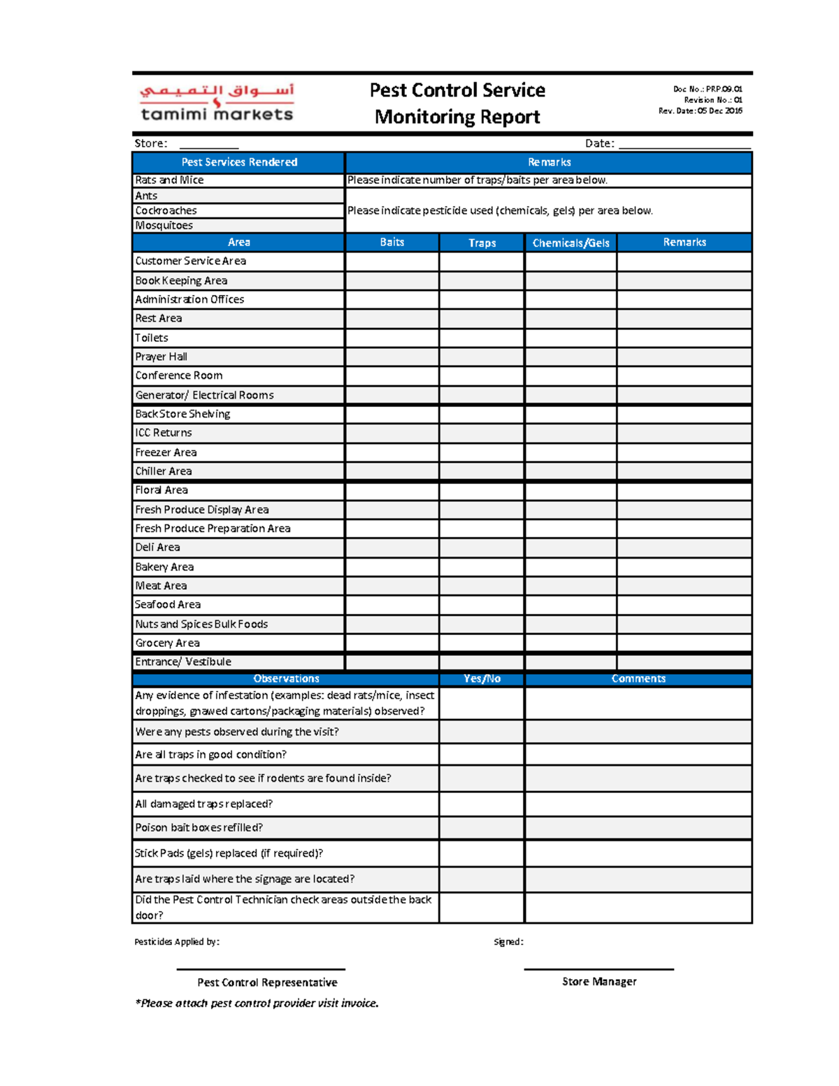 Pest Control Service Monitoring Report - Store: _________ Date ...