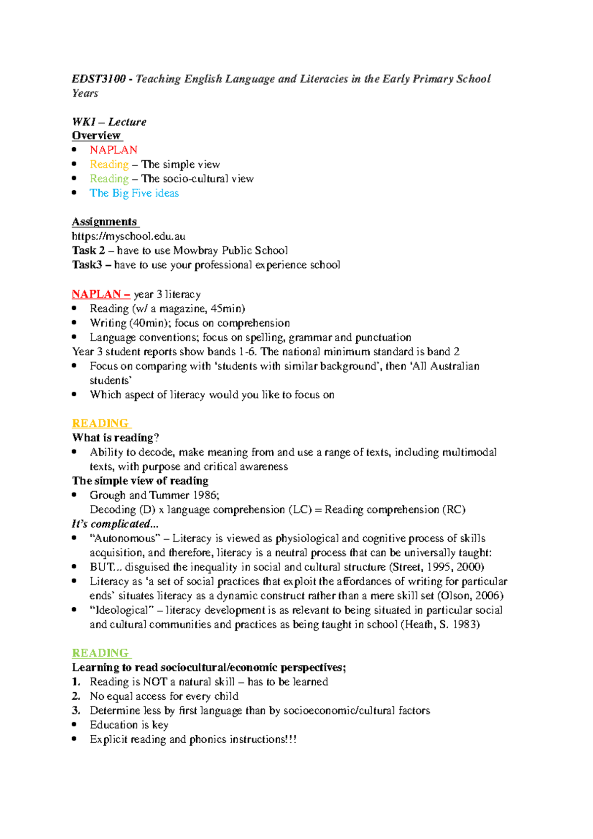 EDST3100 lecture notes - EDST2100 - MQ - Studocu
