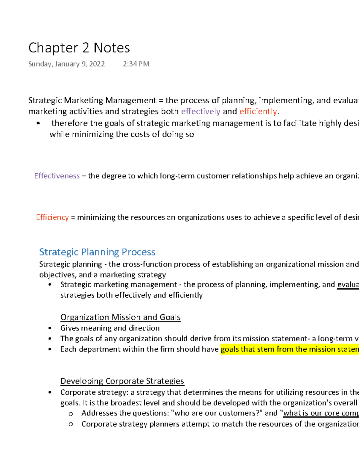Chapter 2 Notes - Strategic Marketing Management = the process of ...