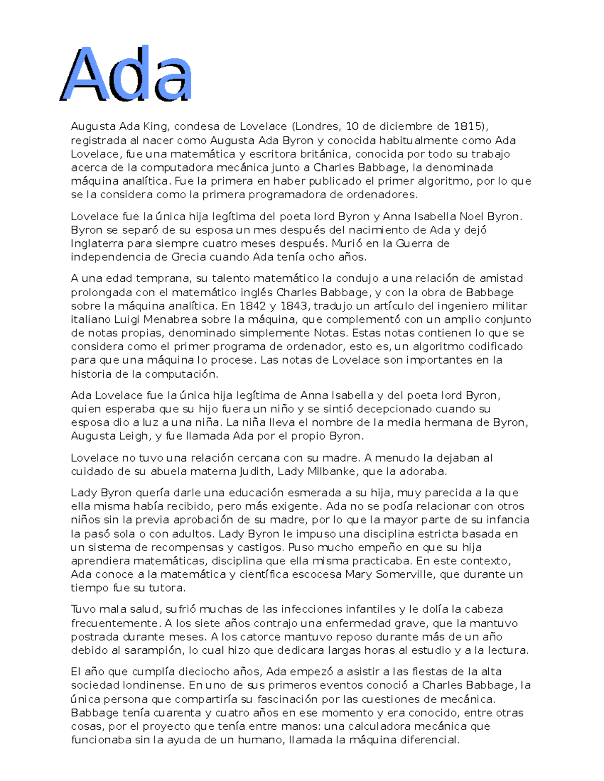 Augusta Ada King resumen de la vida de ada king Augusta Ada King, condesa de Lovelace
