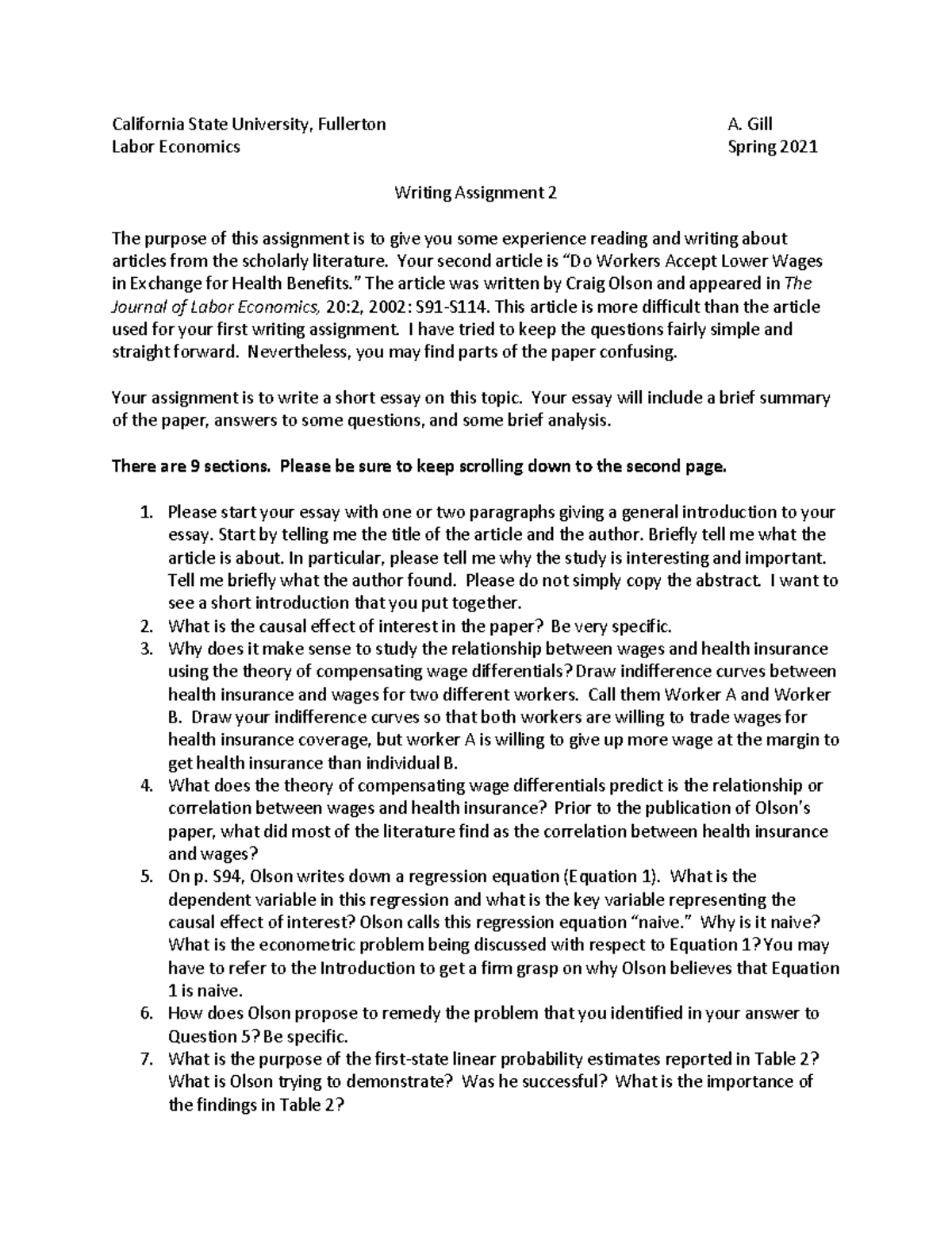 412 Writing Assignment 2 - California State University, Fullerton A ...