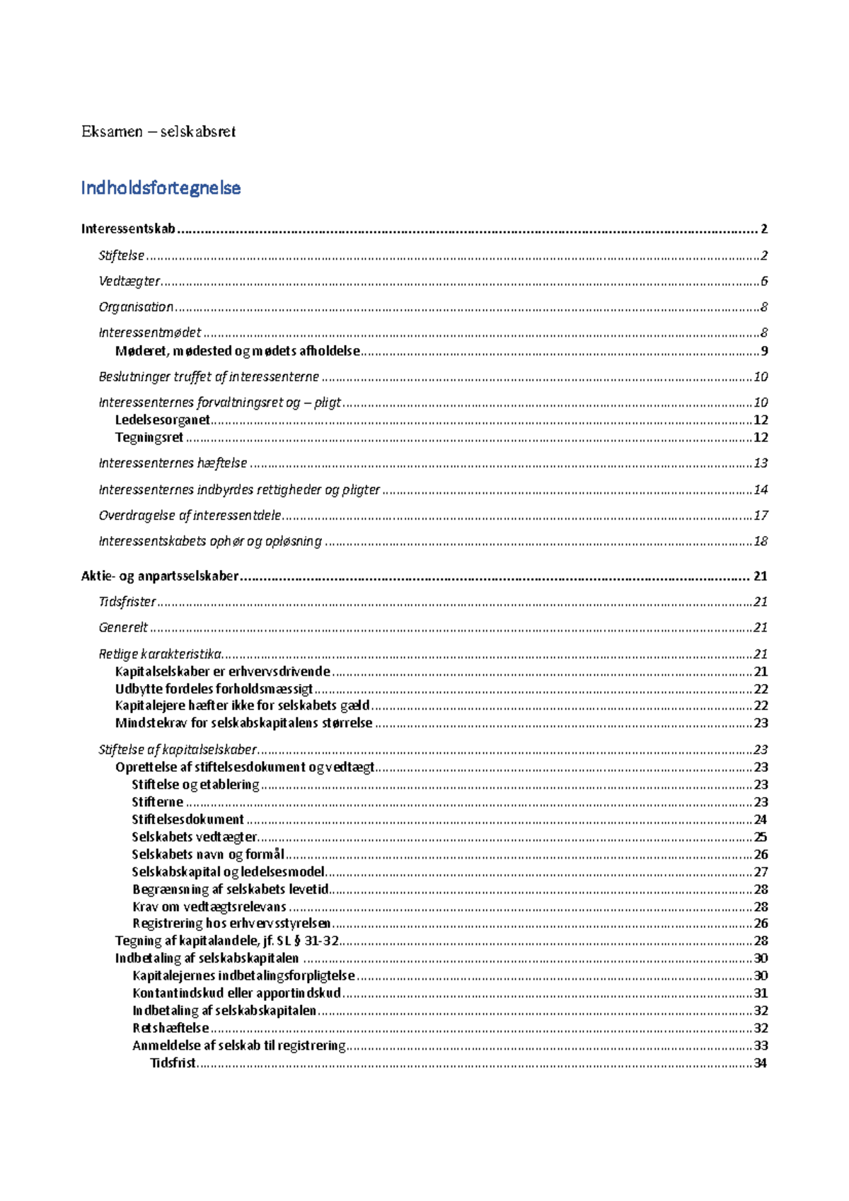 Noter Til Selskabsret - Eksamen – Selskabsret Interessentskab Stiftelse ...