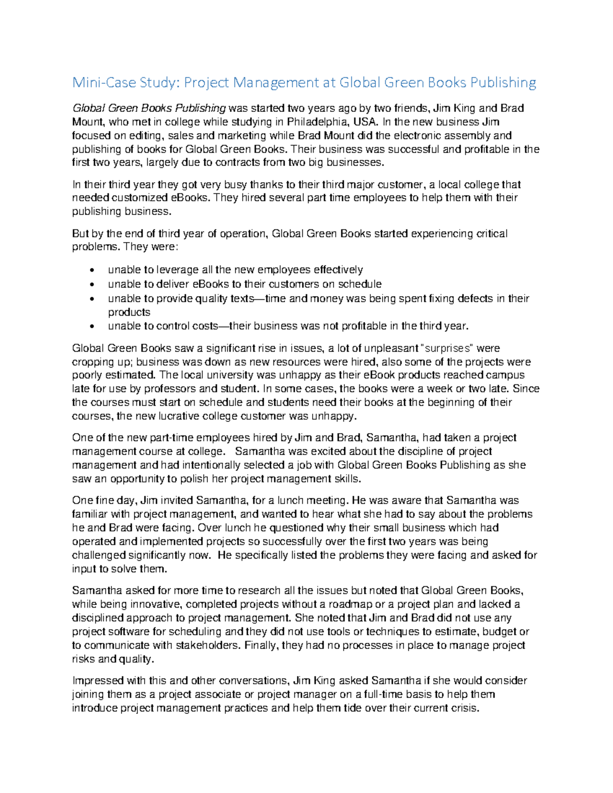 Lec 1 case study - misc material for PM concepts - Mini-Case Study ...