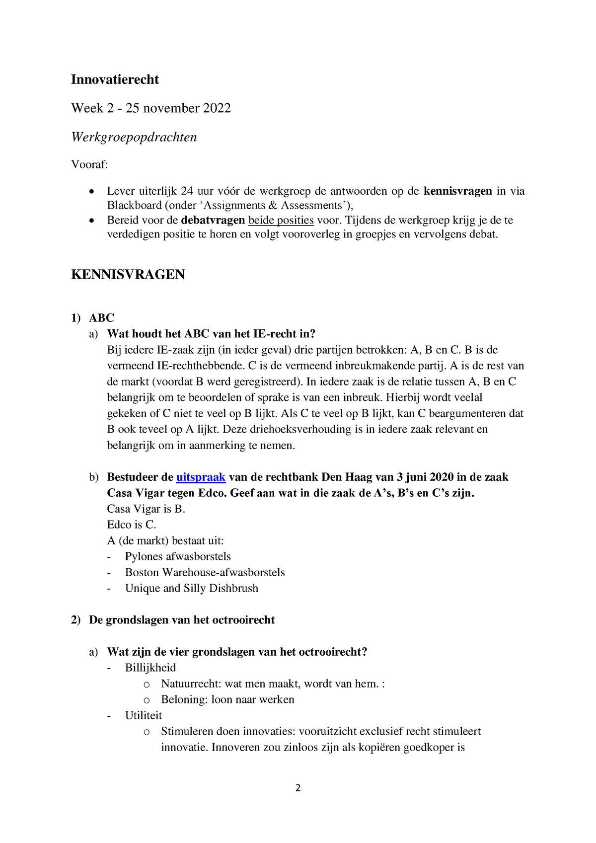 Werkgroepopdrachten Week 2 Innovatierecht - Innovatierecht Week 2 - 25 ...