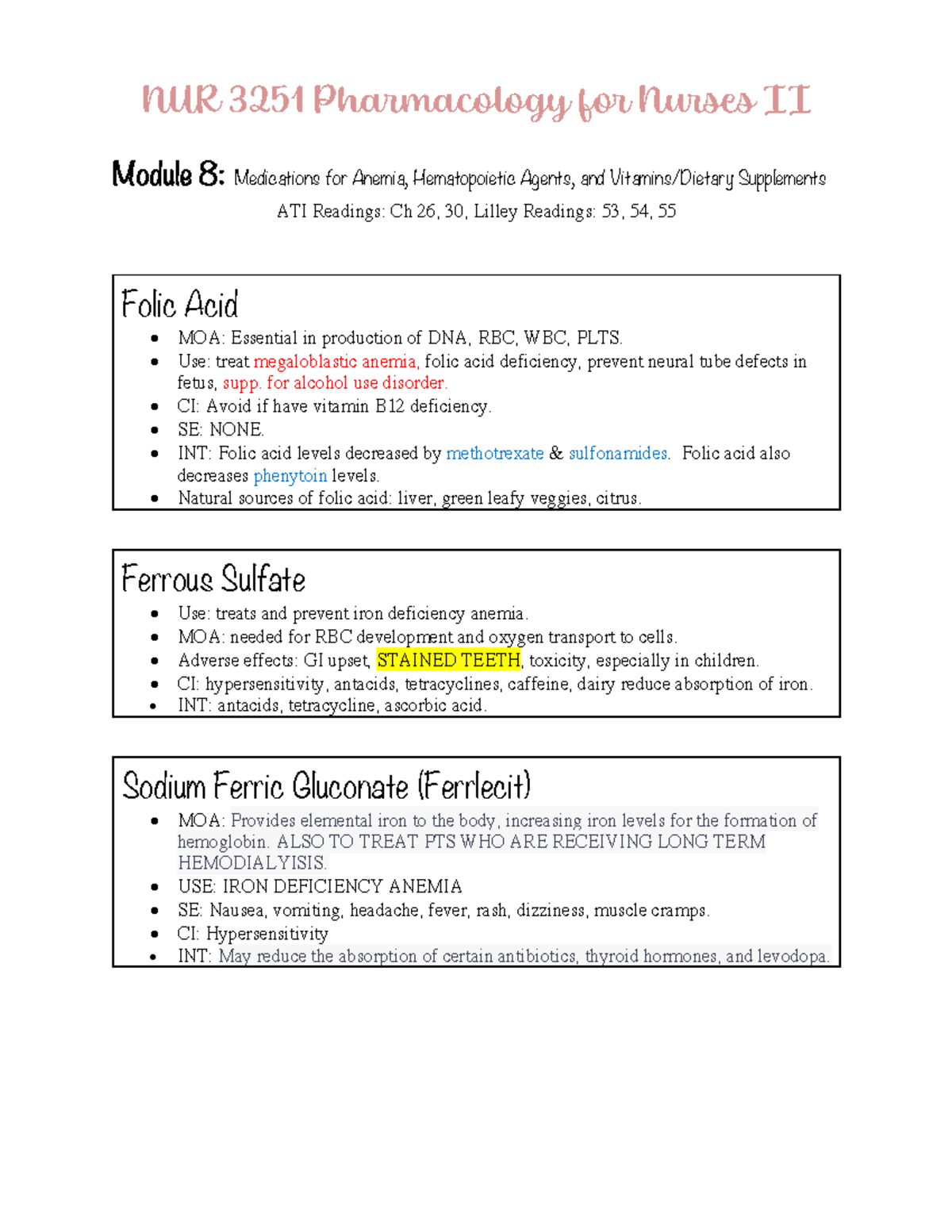 NUR 3251 Module 8 Anemia - NUR 3251 Pharmacology For Nurses II Module 8 ...