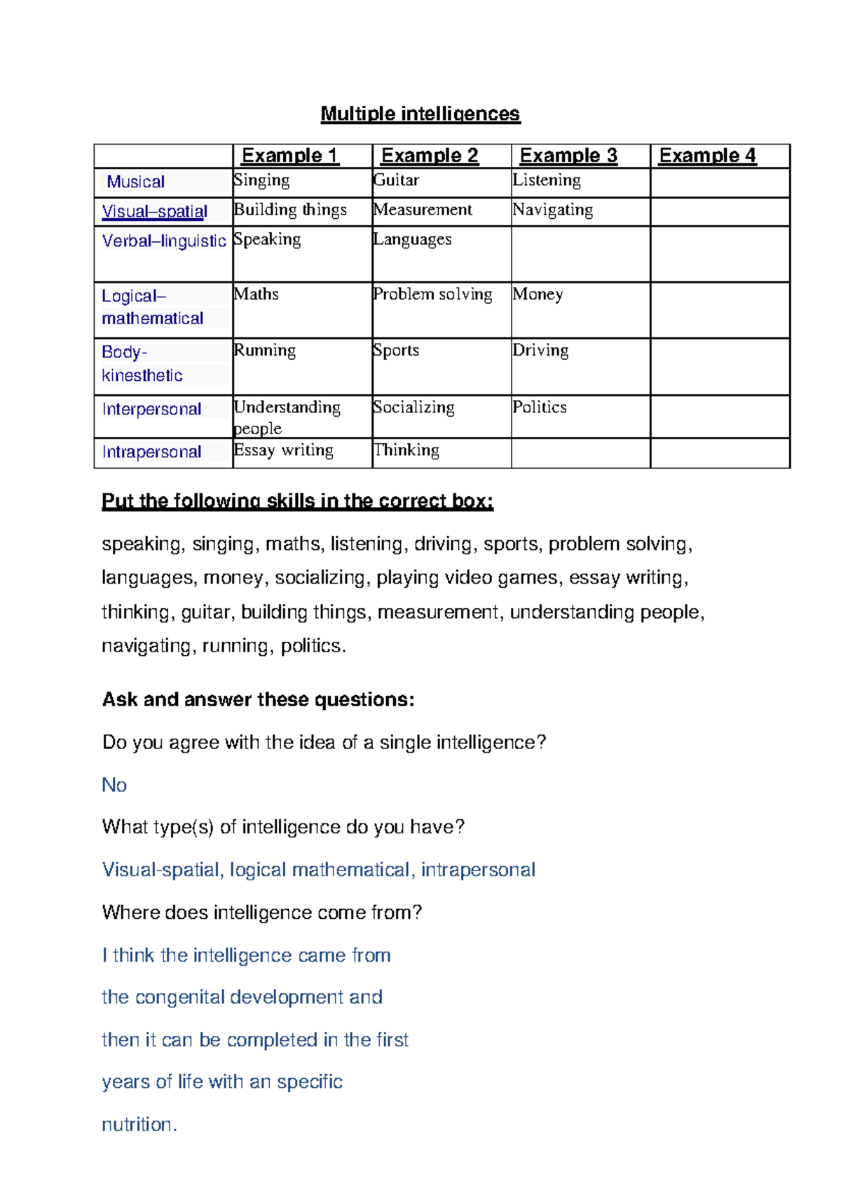 Multiple intelligence vocab and discussion 2 - Multiple intelligences ...