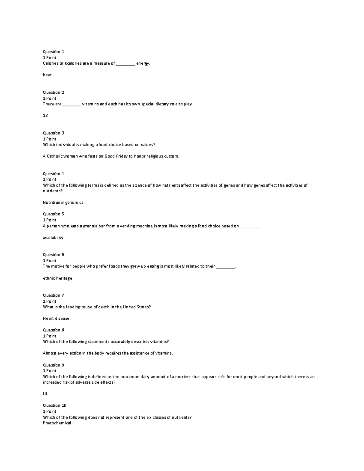 HUN 2000 Mod 1 quiz - QUIZ - Question 1 1 Point Calories or kcalories ...