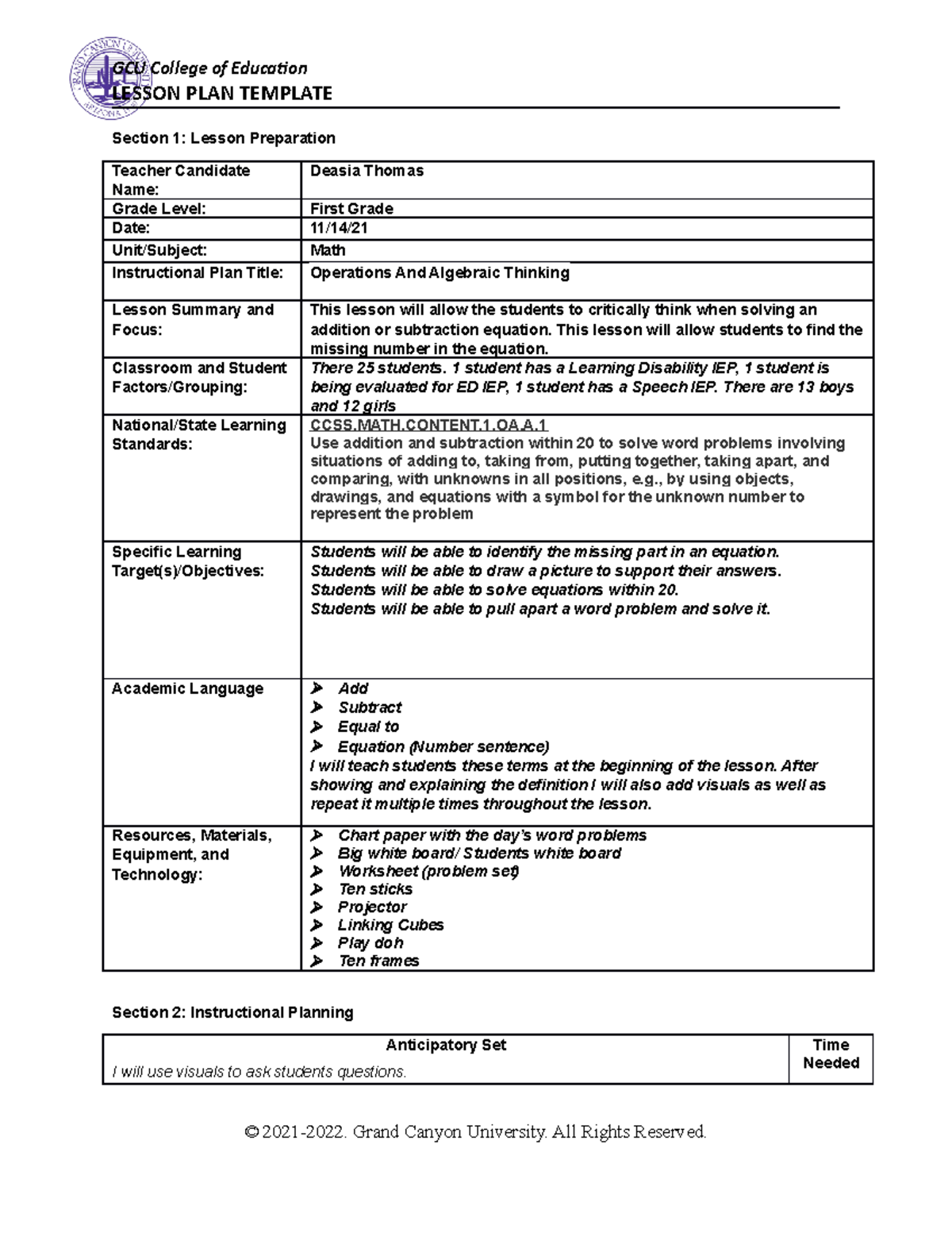 Deasia T Math Lesson Plan - GCU College of Education LESSON PLAN ...