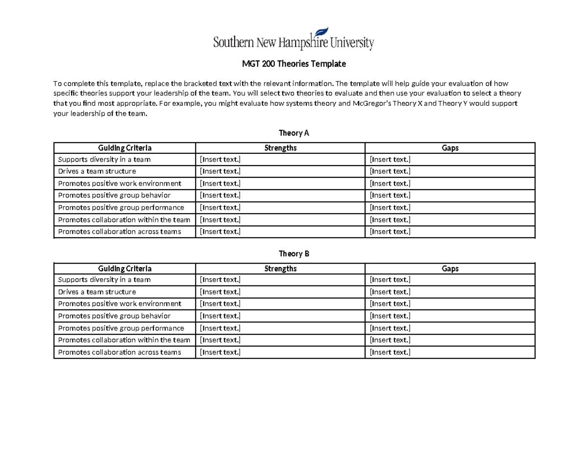 MGT 200 Theories Template - MGT 200 Theories Template To Complete This ...