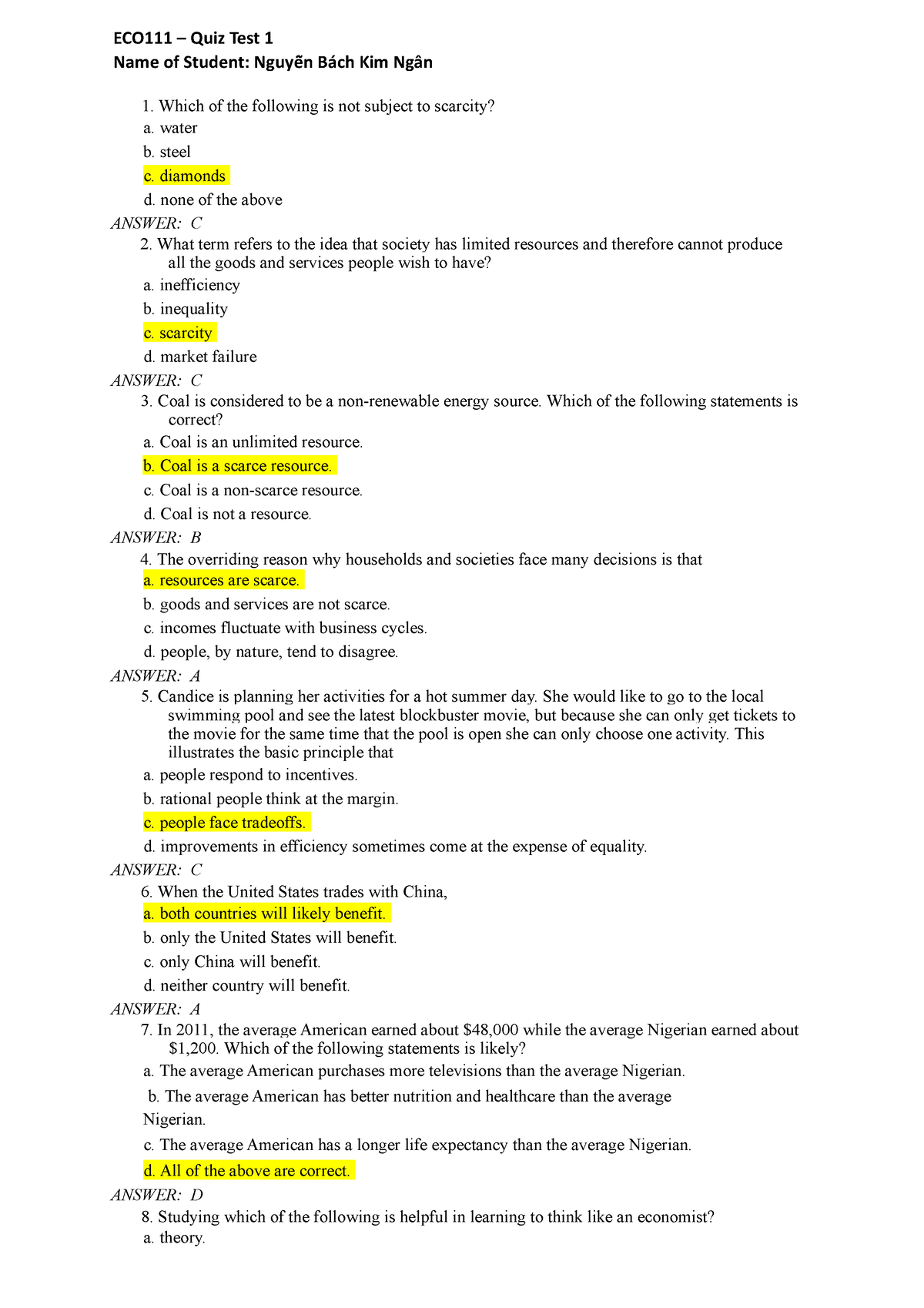 Eco111- Quiz Test 1 (st) - Eco111 – Quiz Test 1 Name Of Student 