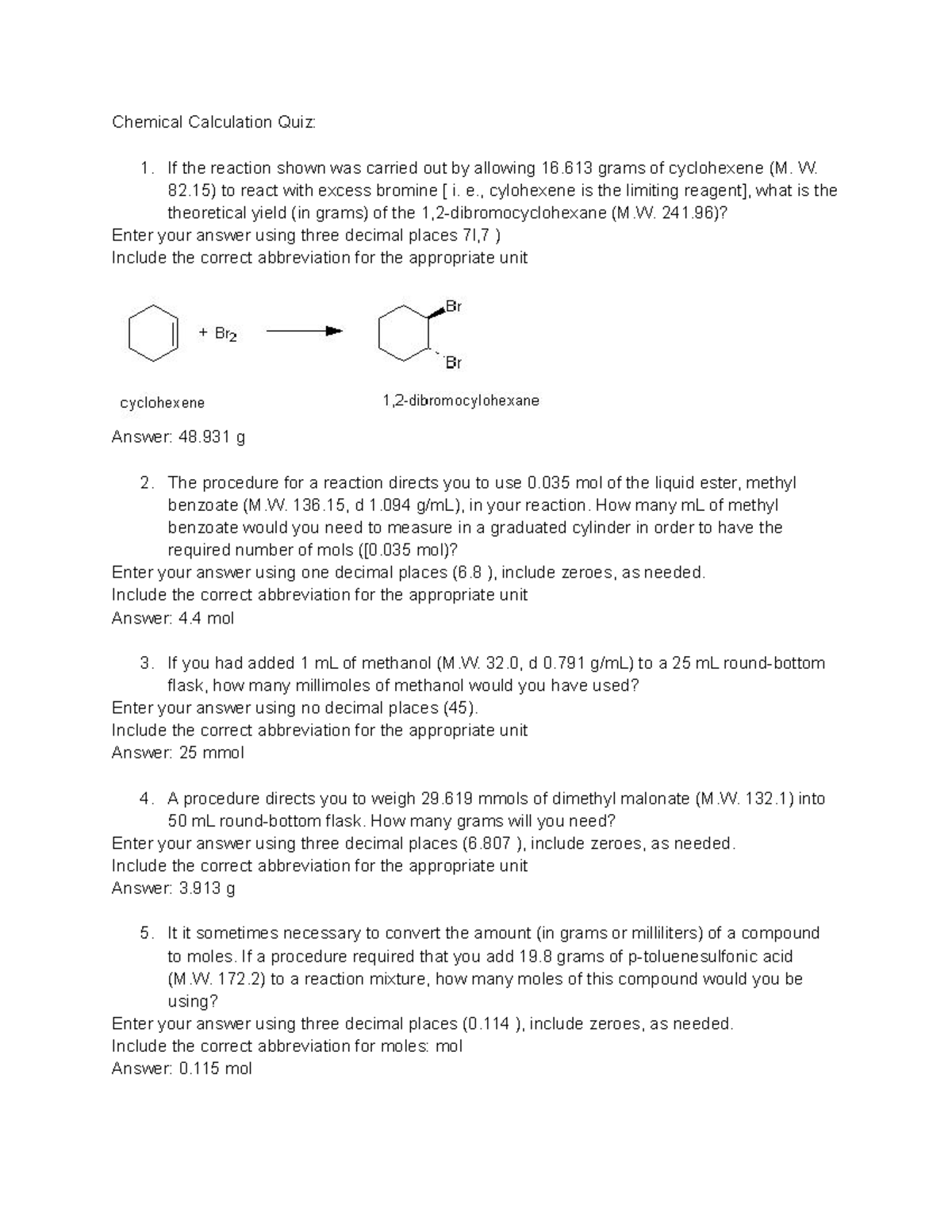 Organic Chem Lab Midterm Study Guide Chemical Calculation Quiz If