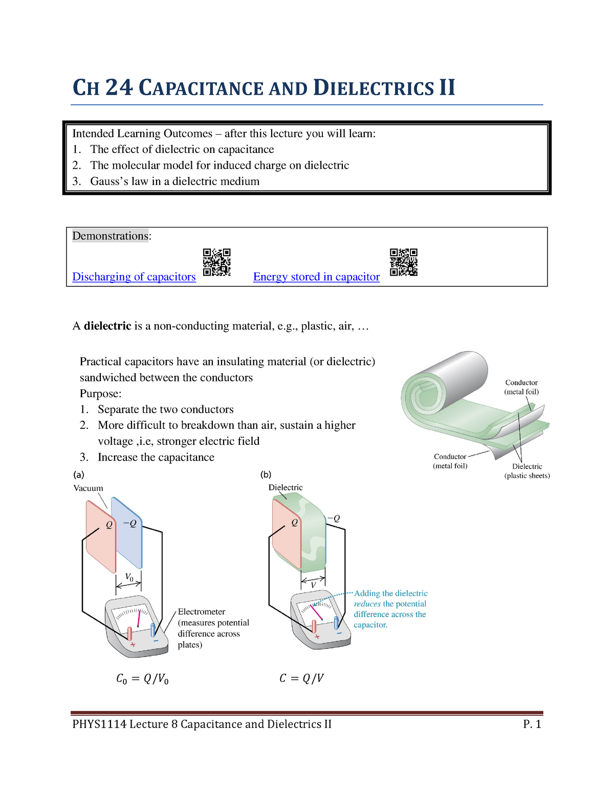 Lecture 08-ch24-2 - CAPACITANCE AND DIELECTRICS II - CH 24 CAPACITANCE ...