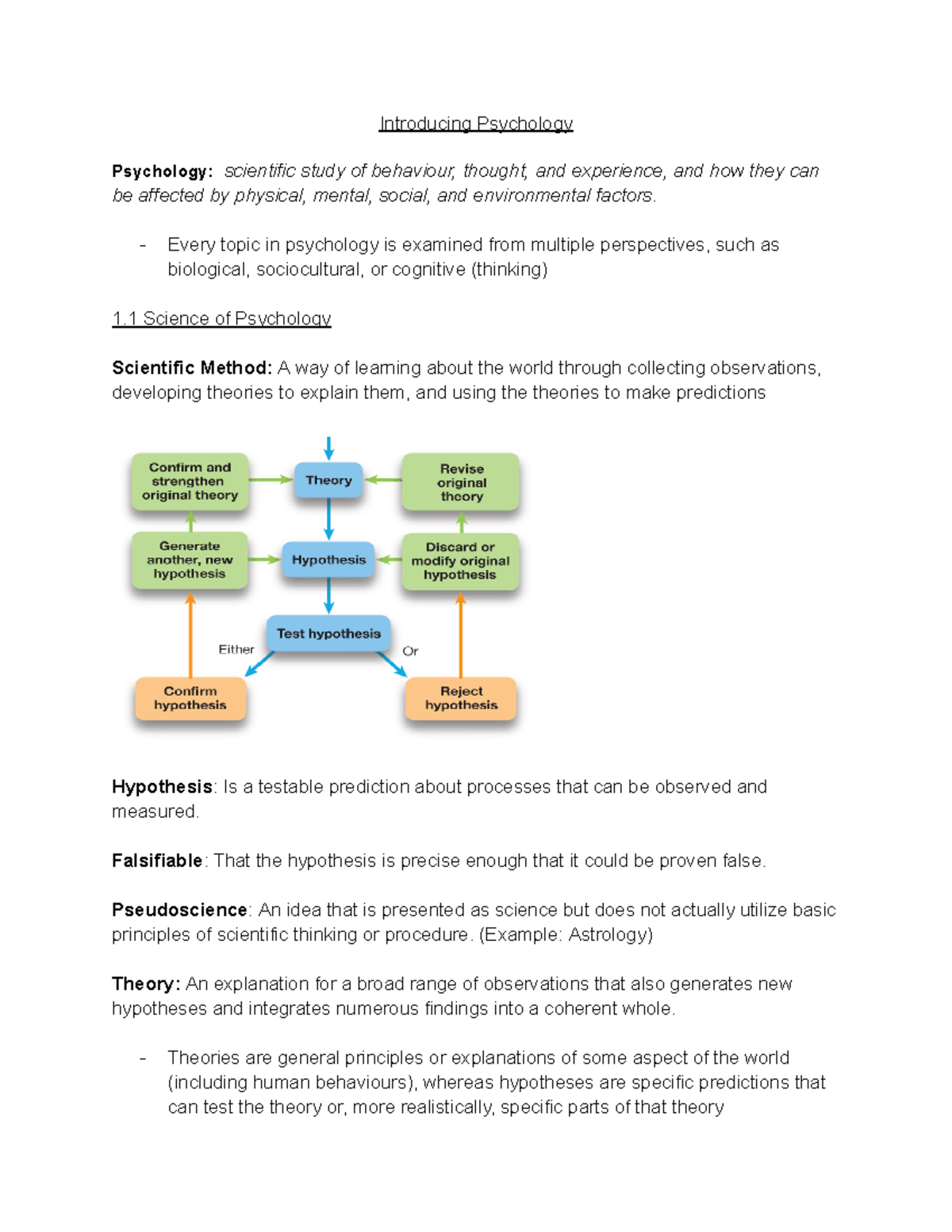 Psych 1000 Chapters 1 and 2 Notes - Introducing Psychology Psychology ...