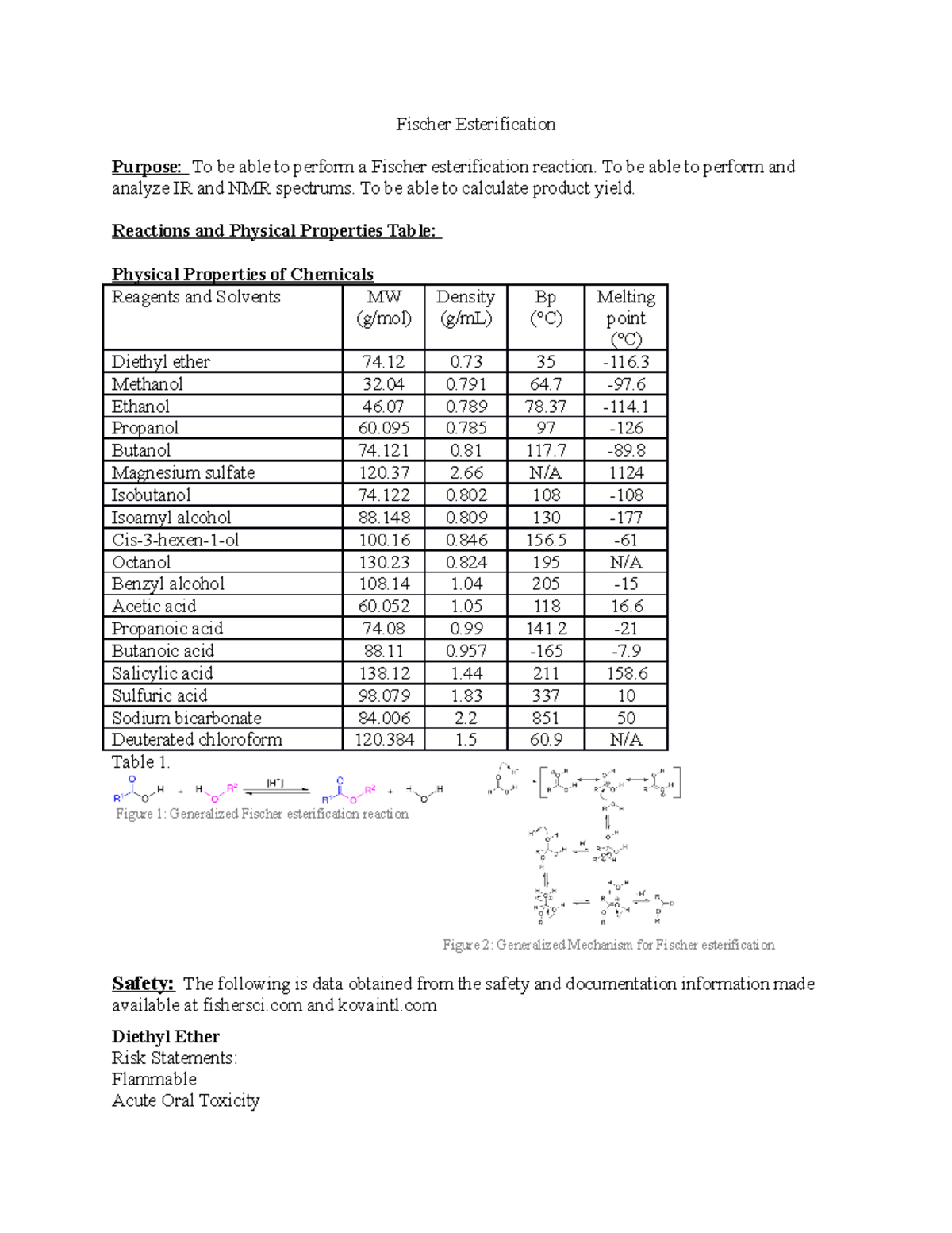 Chem 3106-313 Exp - lab report - Fischer Esterification Purpose: To be ...