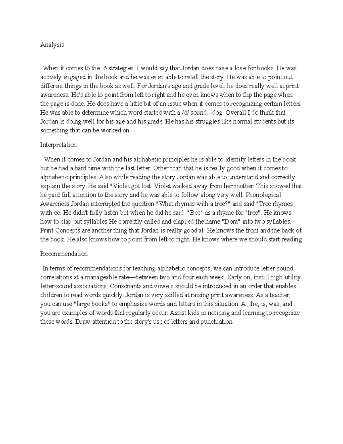 Assignment Early Literacy Assessment Part 2 - Data Analysis ...